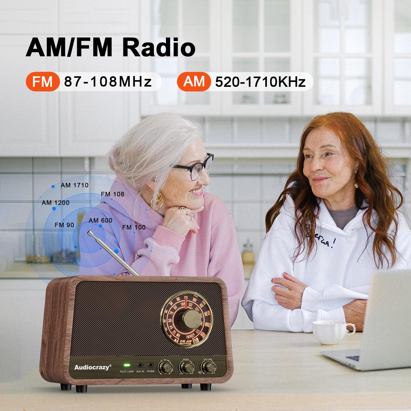 Audiocrazy Am Fm Radio Retro Table Top Radio With Bluetooth Speaker,Vintage Wooden Finish Radio Plug In Wall For Home, Office,Au