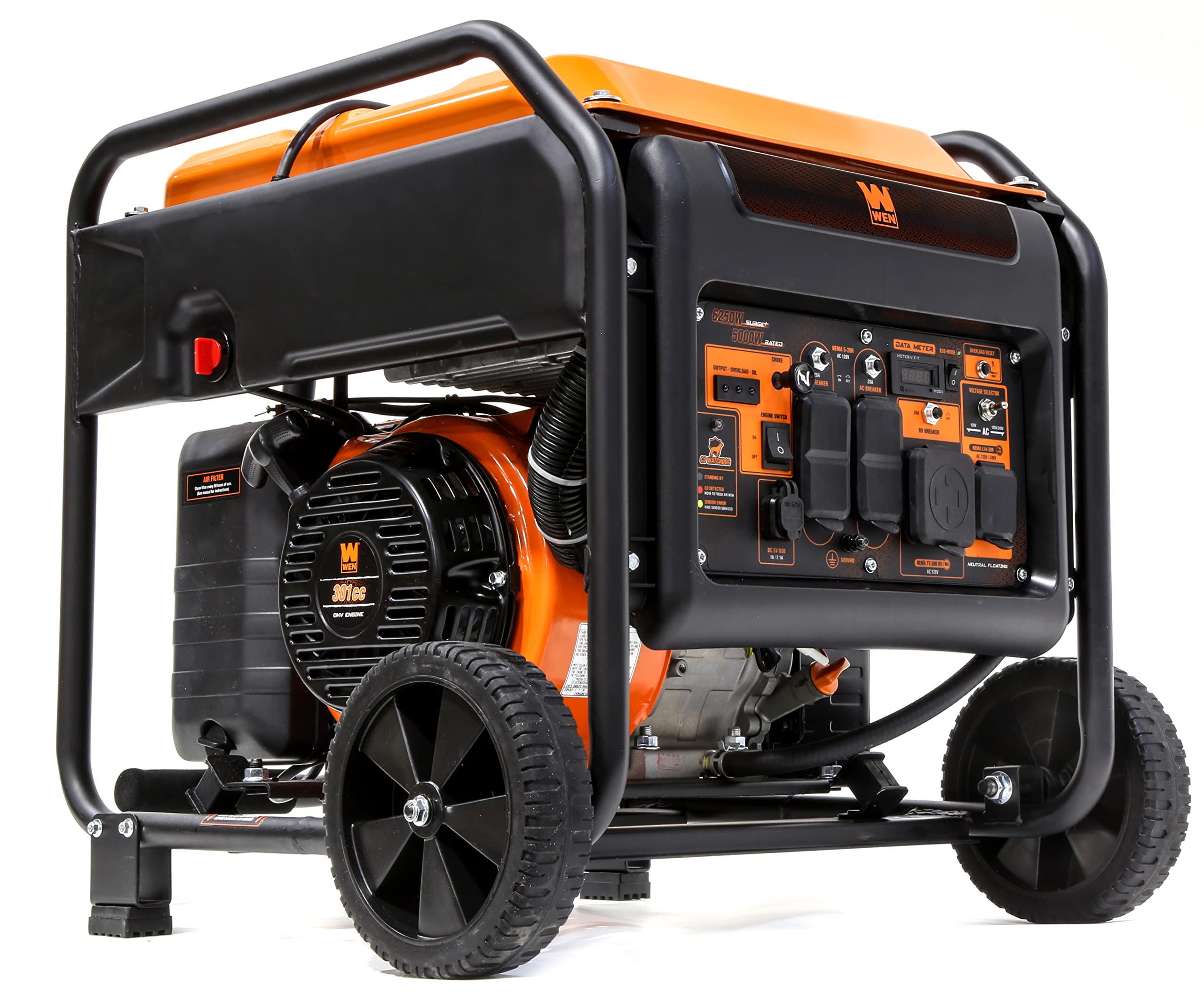 WEN GN625iX 6250-Watt RV and Transfer-Switch-Ready 120V/240V Open Frame Inverter Generator with CO Shutdown Sensor and Wheel Kit