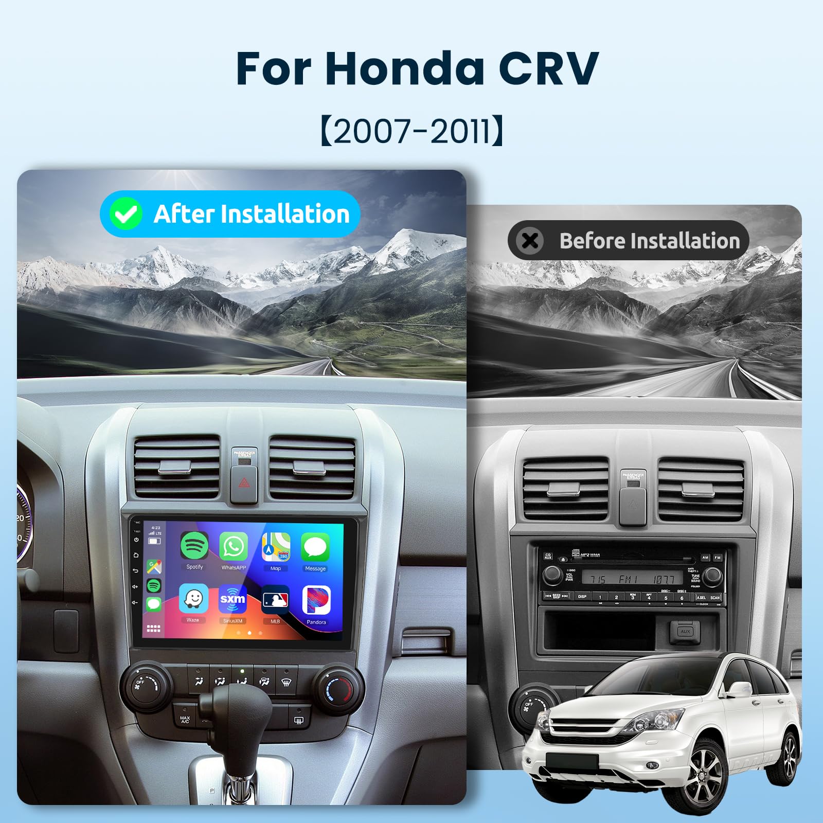 Android Car Stereo For Honda Crv 2007 2011 With Wireless Carplay/Android Auto With Wifi Gps Navigation, 9' Touchscreen Bluetooth Car Radio Support Usb Fm/Rds Backup Camera Steering Wheel Control