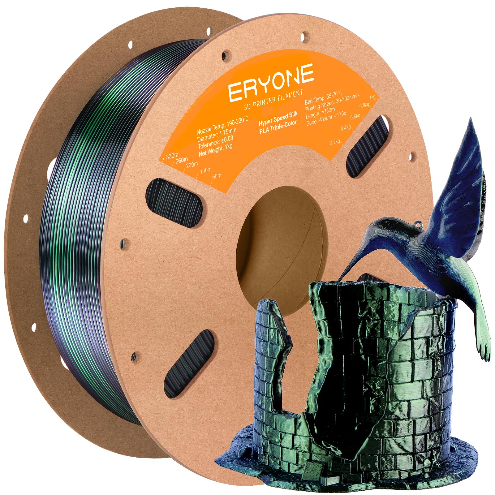 ERYONE Silk Filament PLA+ 1.75mm Shiny 3D Printer Filament, Multicolor PLA 3 in 1, 1kg (2.2LBS)/Spool, HS Silk Tri Color Dark Gr