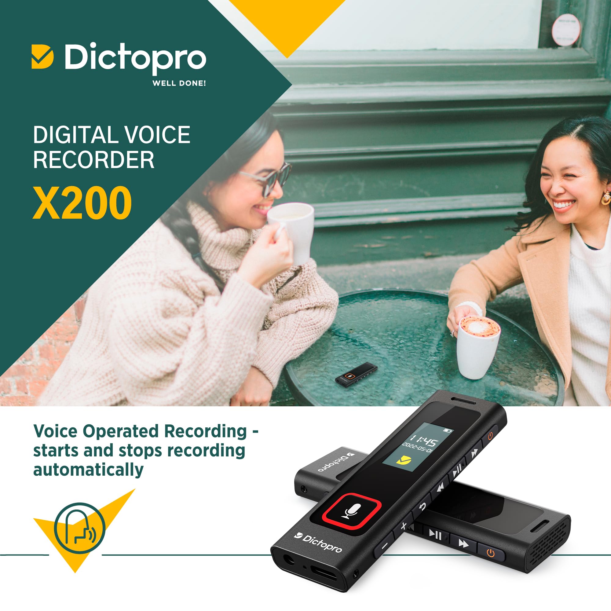 Dictopro X200   Digital Voice Recorder With Sensitive Microphones, Voice Activated Continuous Recording, Password, Mini Dictapho