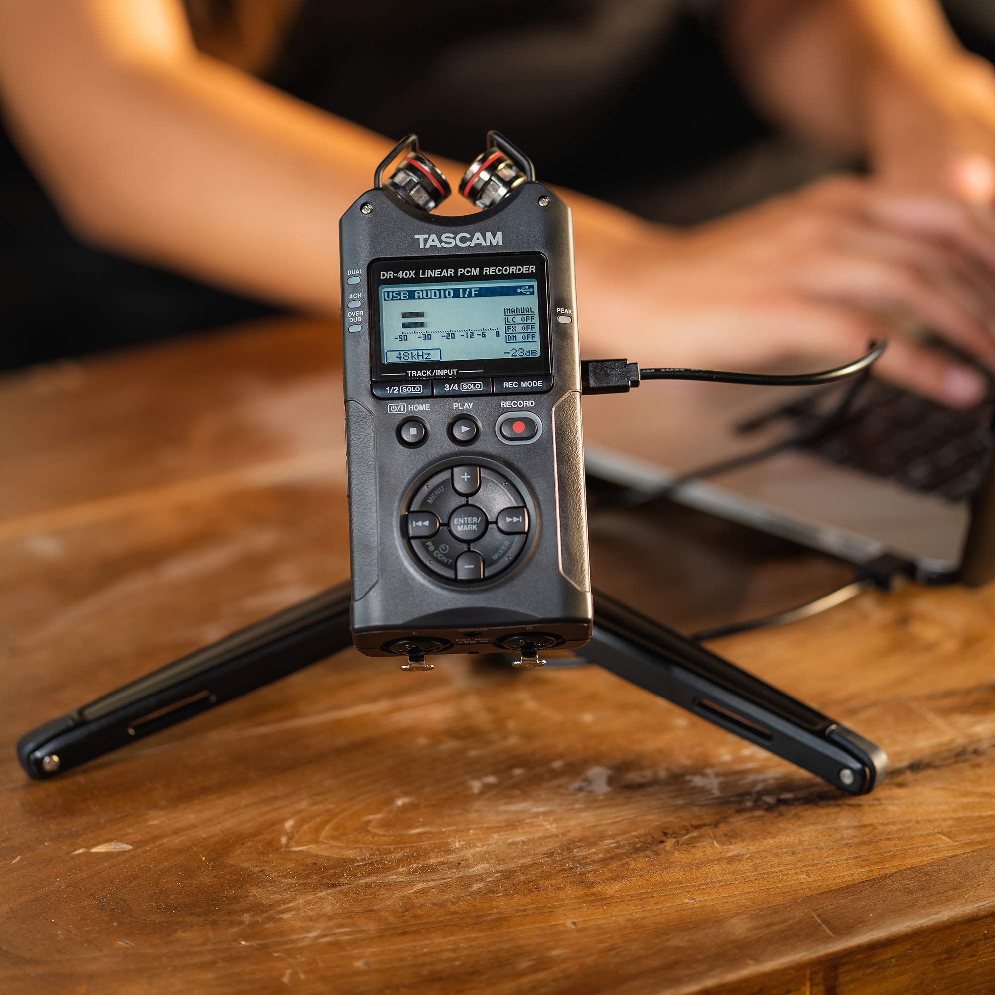 Tascam Dr 40X 4 Track Portable Handheld Field Recorder   2 Xlr/Trs Inputs, Usb Audio Interface, Dual Adjustable Microphones For