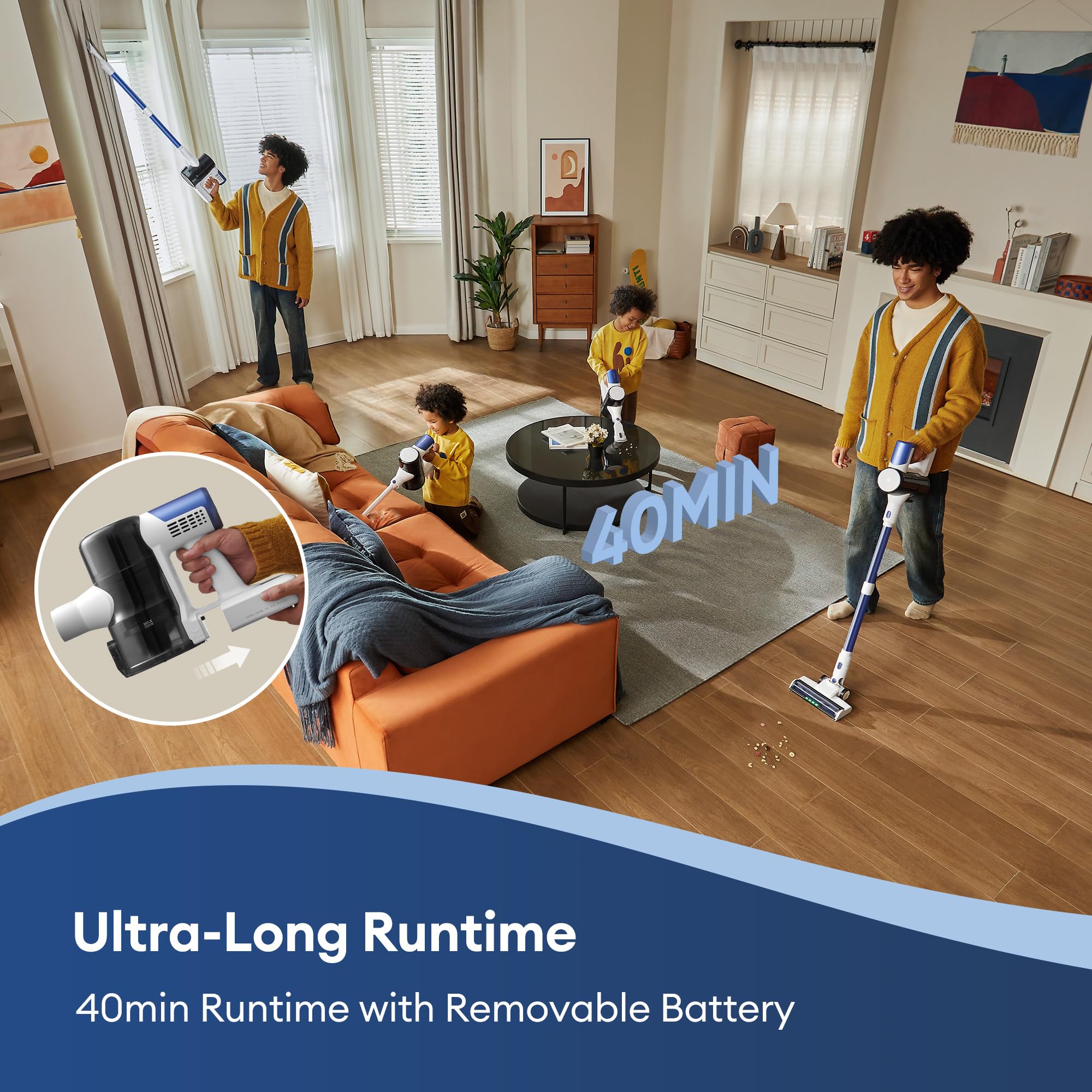 Ultenic U10 Ultra Cordless Stick Vacuum Cleaner, 450W Motor, 30Kpa Suction, Long Battery Life, Anti-Tangle Brush, 1L Dustbin Cap