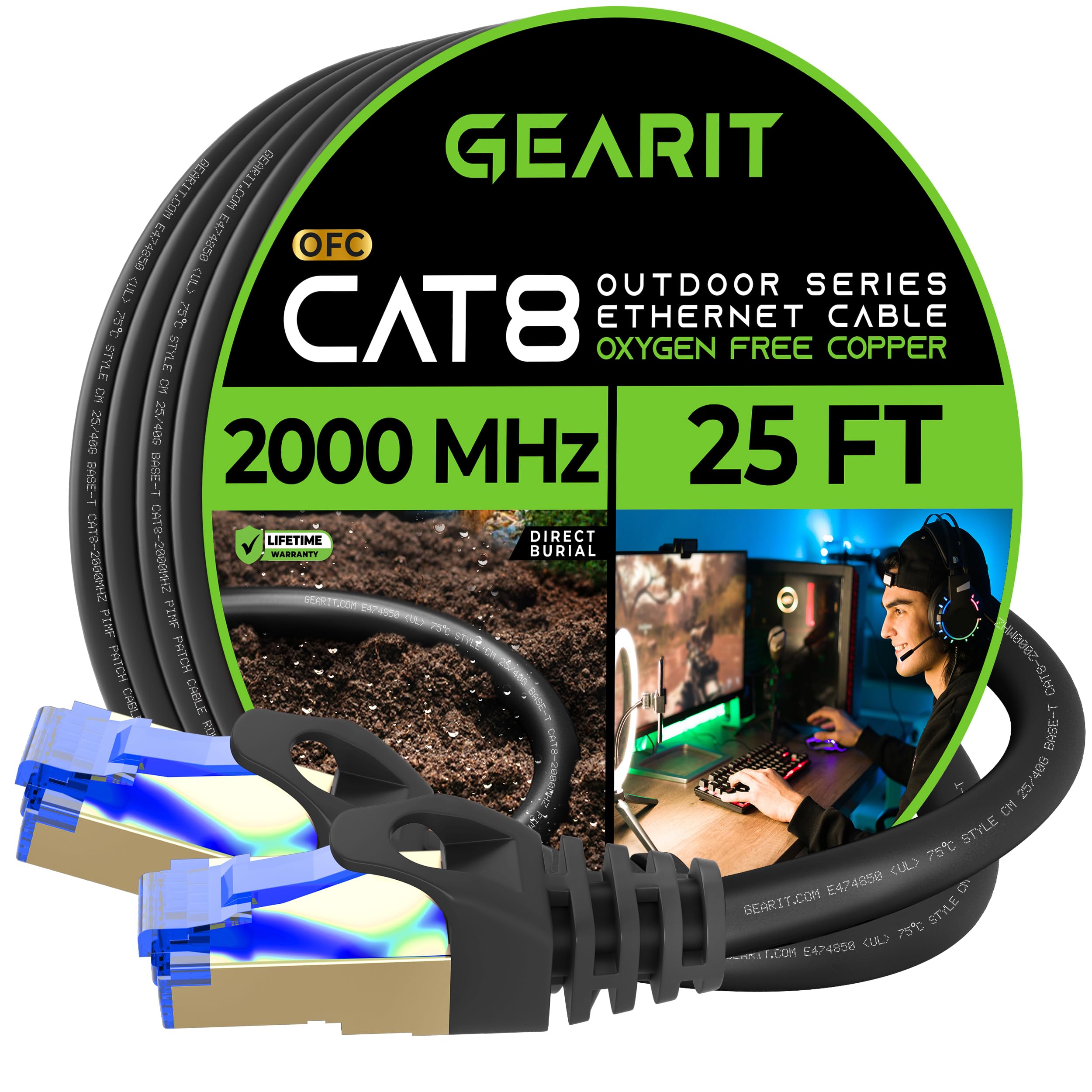 Gearit Cat8 Outdoor Ethernet Cable (25 Feet) Waterproof, Direct Burial, In Ground, Lldpe Uv Jacket, Pure Copper, 26Awg, 40Gbps 2