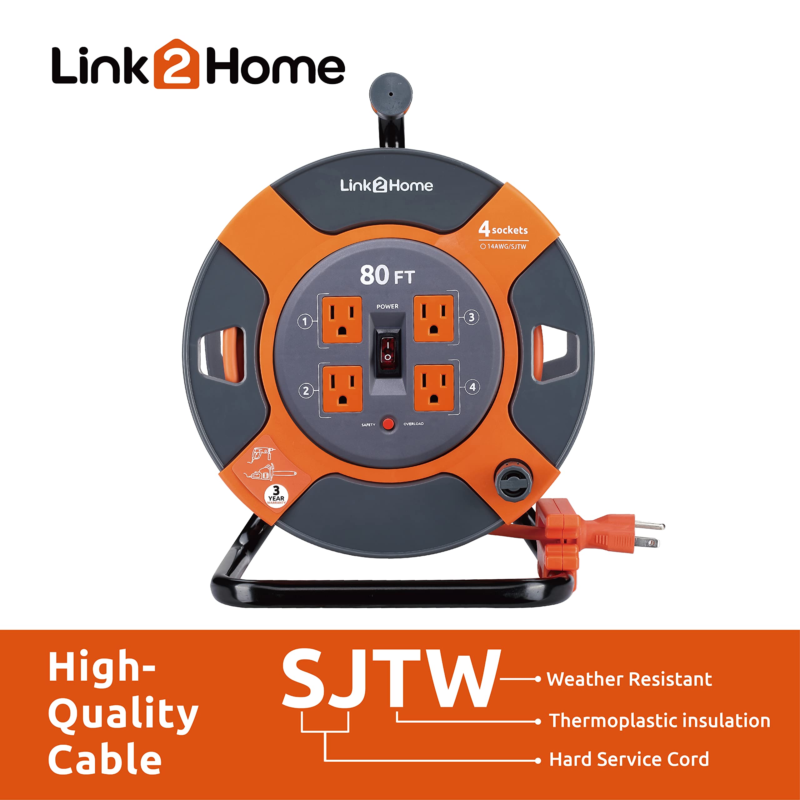 Link2Home Cord Reel 80 Ft. Extension Cord 4 Power Outlets   14 Awg Sjtw Cable. Heavy Duty High Visibility Power Cord.