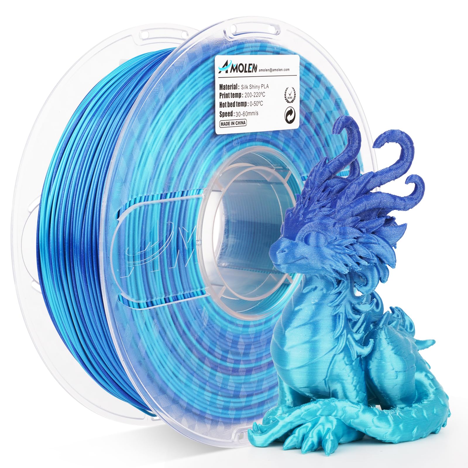 Amolen Pla 3D Printing Filament, Silk Pla Filament 1.75Mm Silk Shiny Filament Azure Blue Filament, 3D Printing Filament 1Kg/2.2L