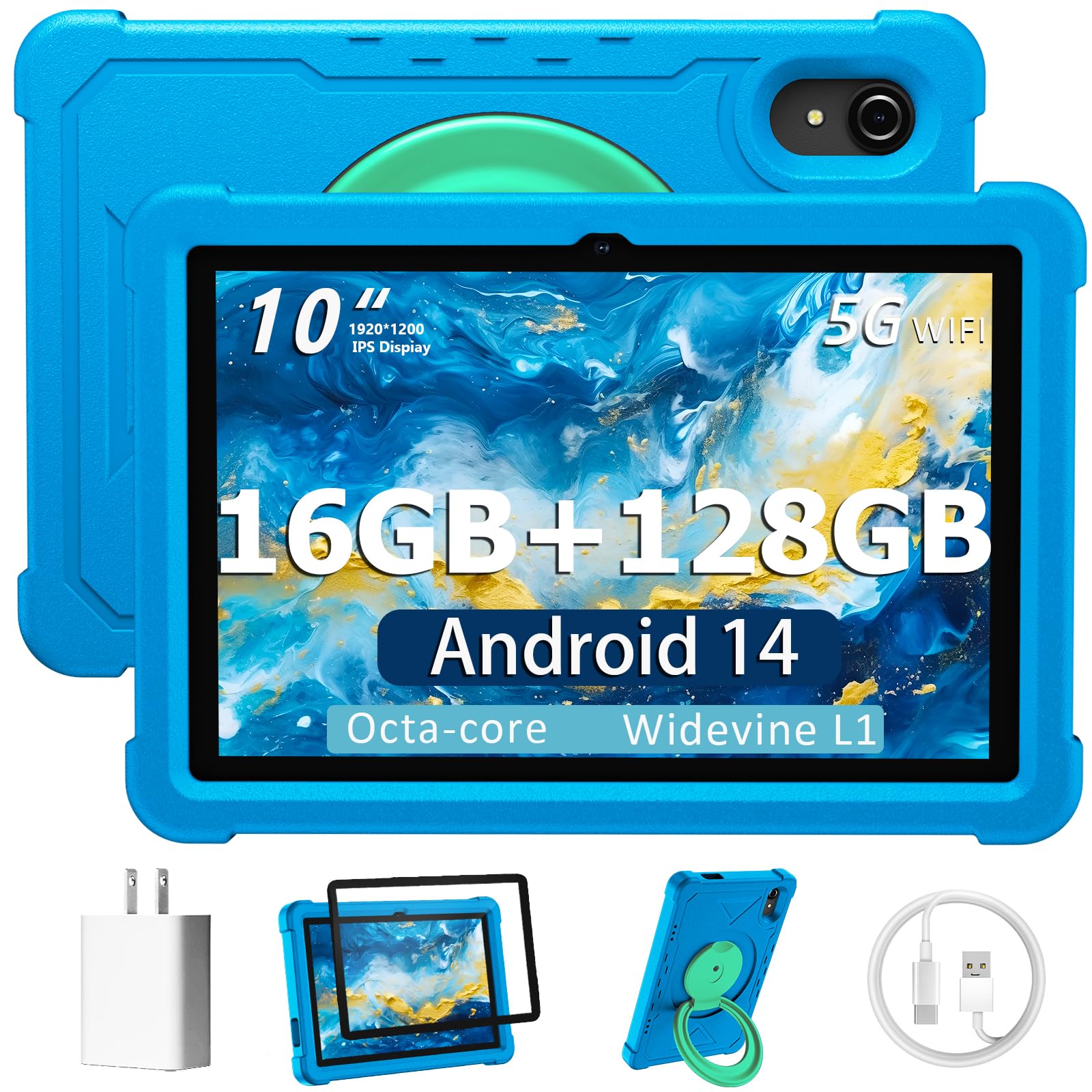 Huihuang Tablet 10 Inch Android 14 Tablet, 16Gb Ram 128Gb Rom, 1Tb Expansion, Octa Core, Large Capacity Battery, 5Mp + 8Mp Dual