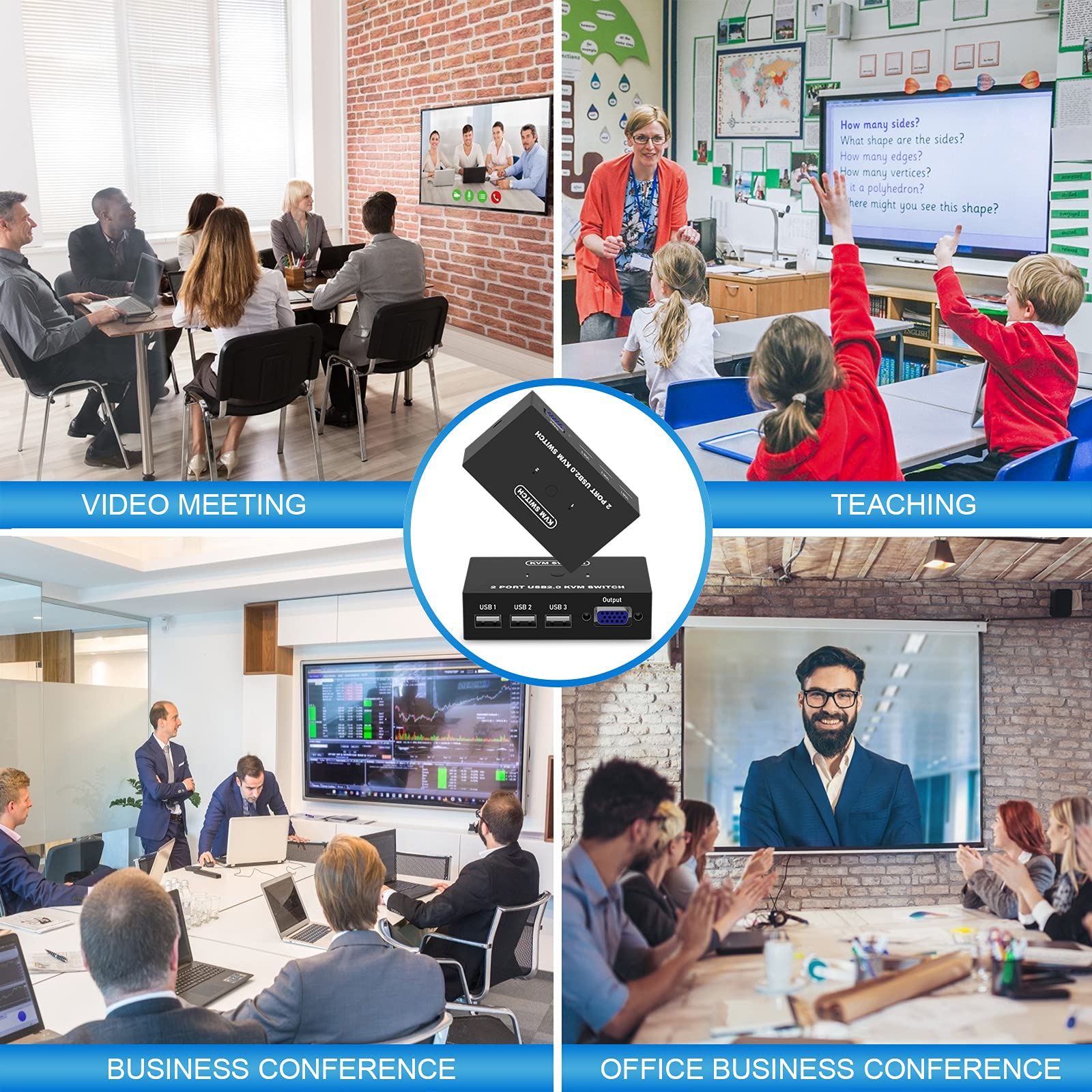 Usb Vga Kvm Switch For 2 Pc Sharing 1 Video Monitor And 3 Usb Devices, Keyboard Mouse Scanner Printer, For Laptop Pc Windows Mac