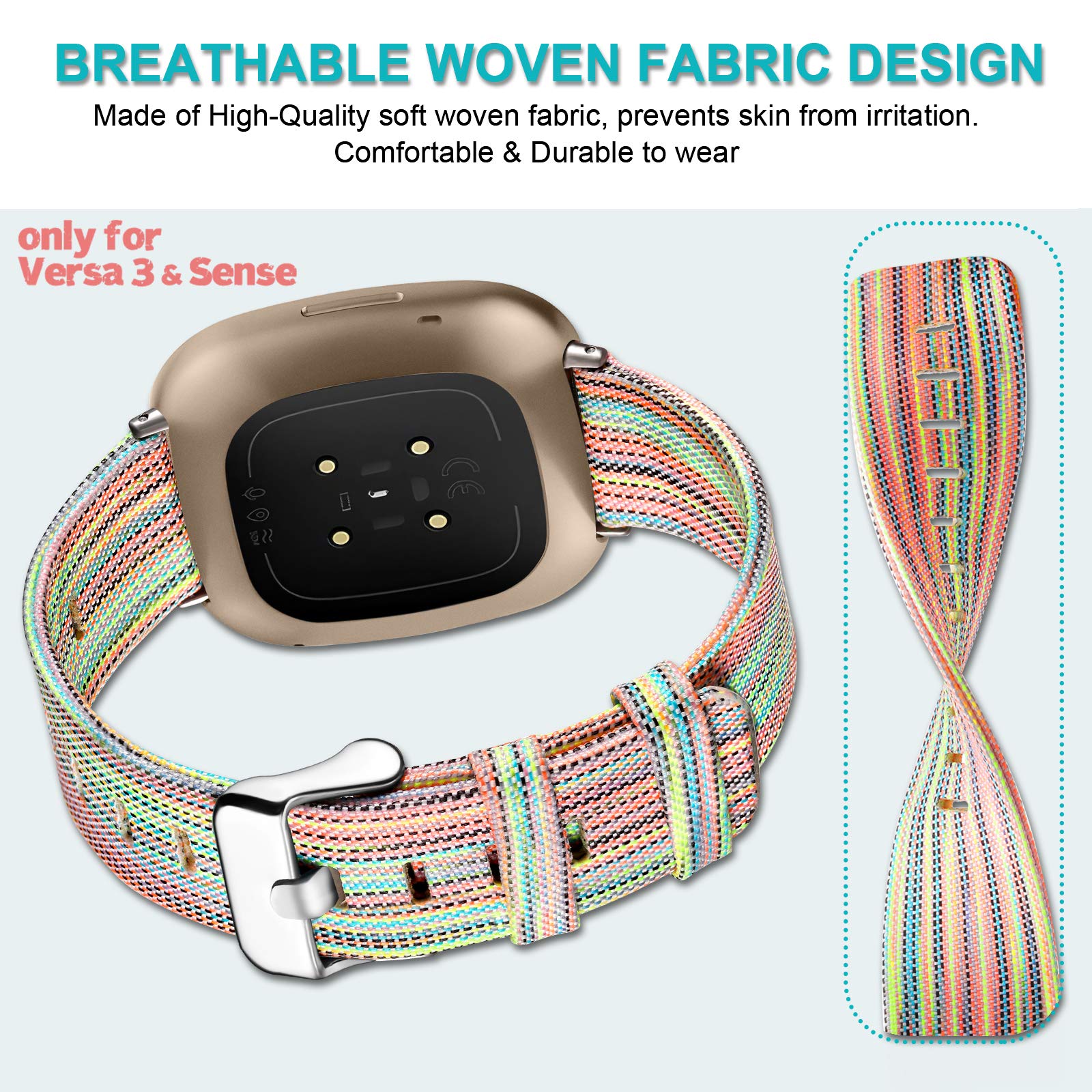 Maledan Woven Bands Compatible With Fitbit Versa 3 / Sense/Sense 2 / Versa 4 Smartwatch, Lightweight Comfortable Woven Fabric, 2