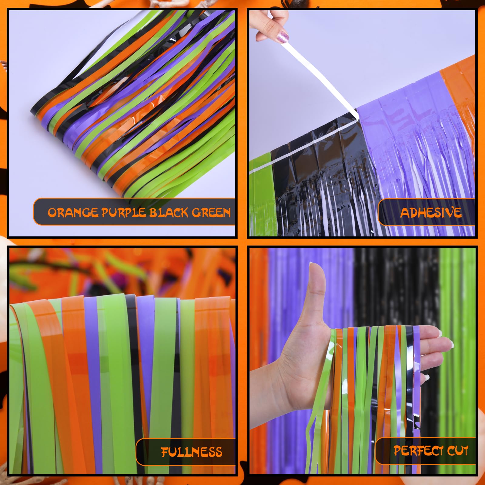 Mega L Halloween Party Decorations, 2 Packs Orange Purple Black Green Photo Booth Props, 3.3 X 6.6 Ft Halloween Foil Fringe Curt