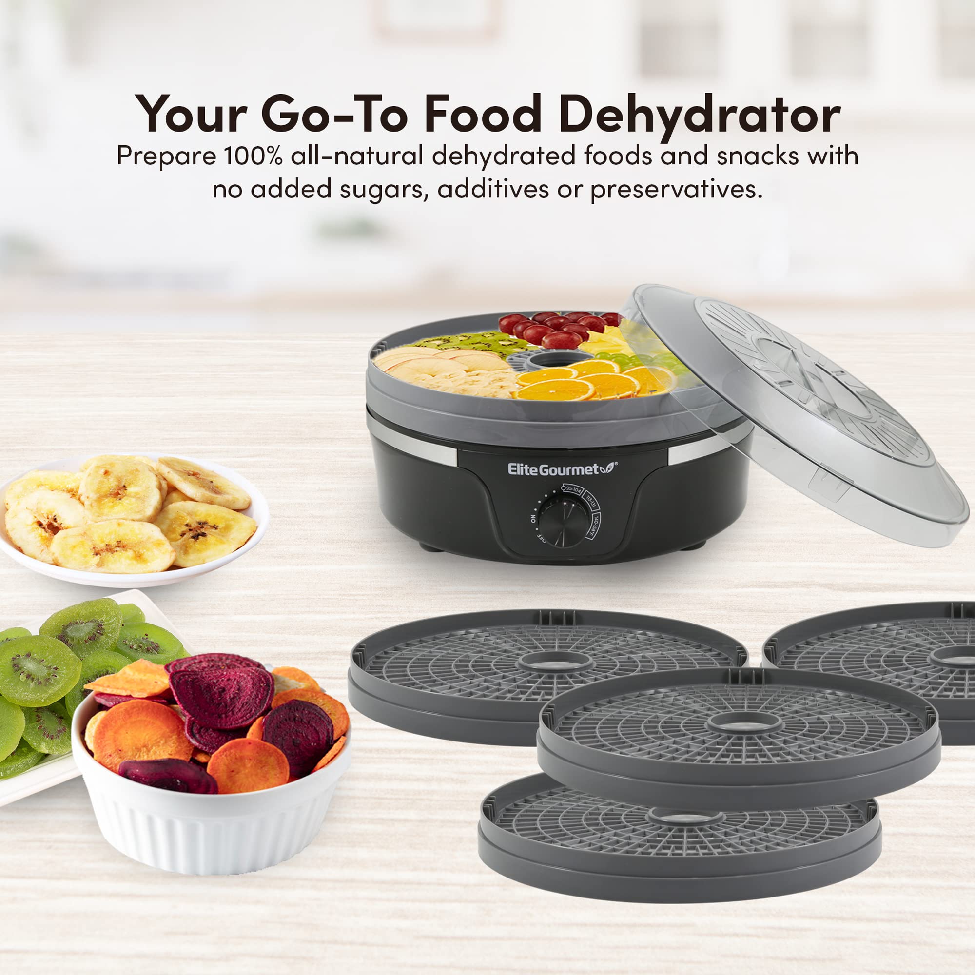 Elite Gourmet Efd319Dkg Food Dehydrator, 5 Bpa Free 11.4'' Trays Adjustable Temperature Controls, Jerky, Herbs, Fruit, Veggies,