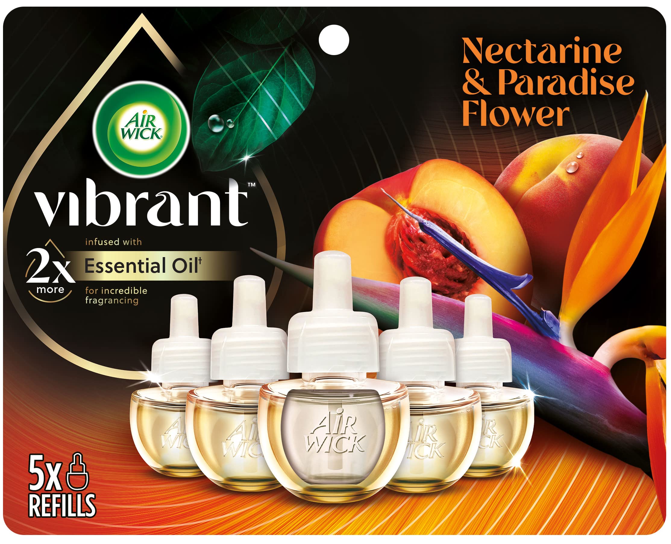 Air Wick Vibrant Plug In Scented Oil Refill, 5Ct, Nectarine & Paradise Flower, Air Freshener, Essential Oils