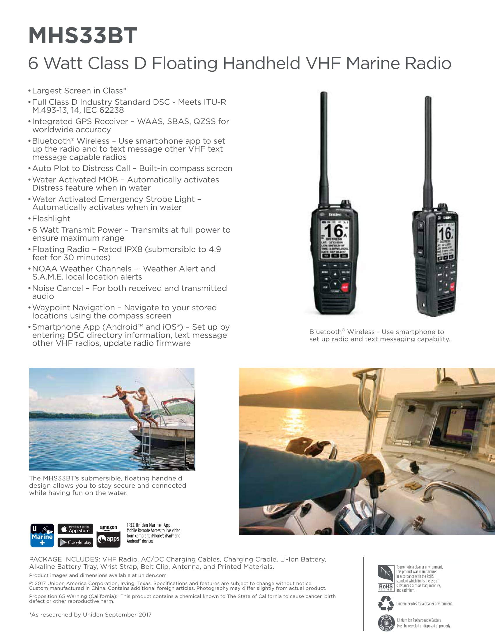 Uniden Mhs335Bt 6W Class D Floating Handheld Vhf Marine Radio With Bluetooth, Text Message Directly To Other Vhf Text Message Ca