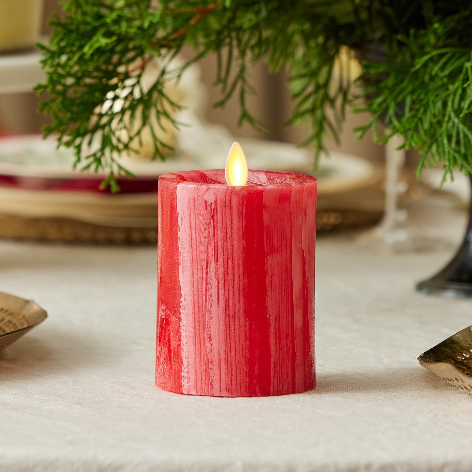 Luminara Selenite Looking Flameless Candle, Holiday Red 3'' X 4.5'', Battery Operated Real Wax Moving Flame Led Pillar W/Timer,
