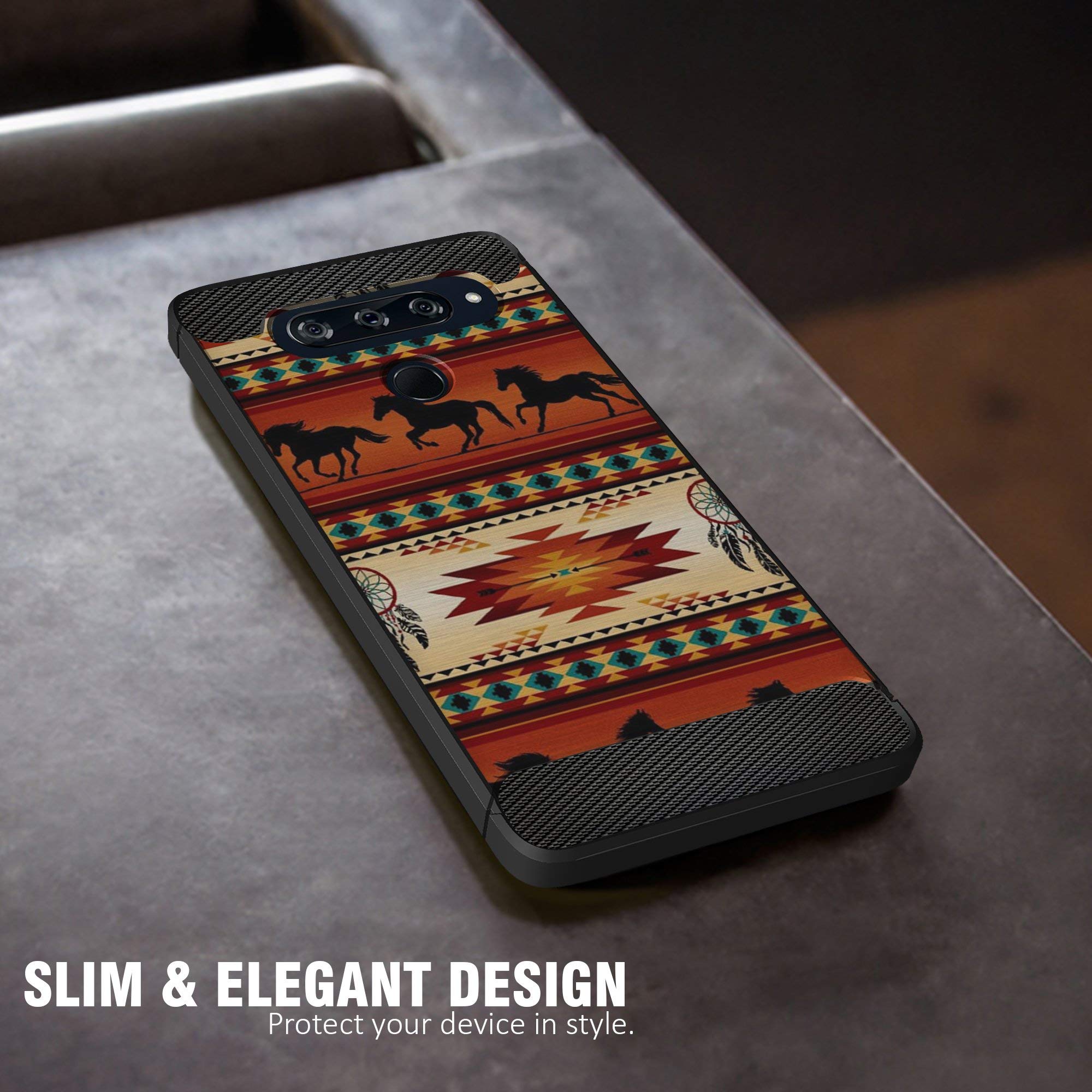 Casesondeck Case Compatible With [Lg V40 Thinq] Tribal Floral Matte Tpu Flexible Carbon Fiber Textured (Western Horse Tribal)