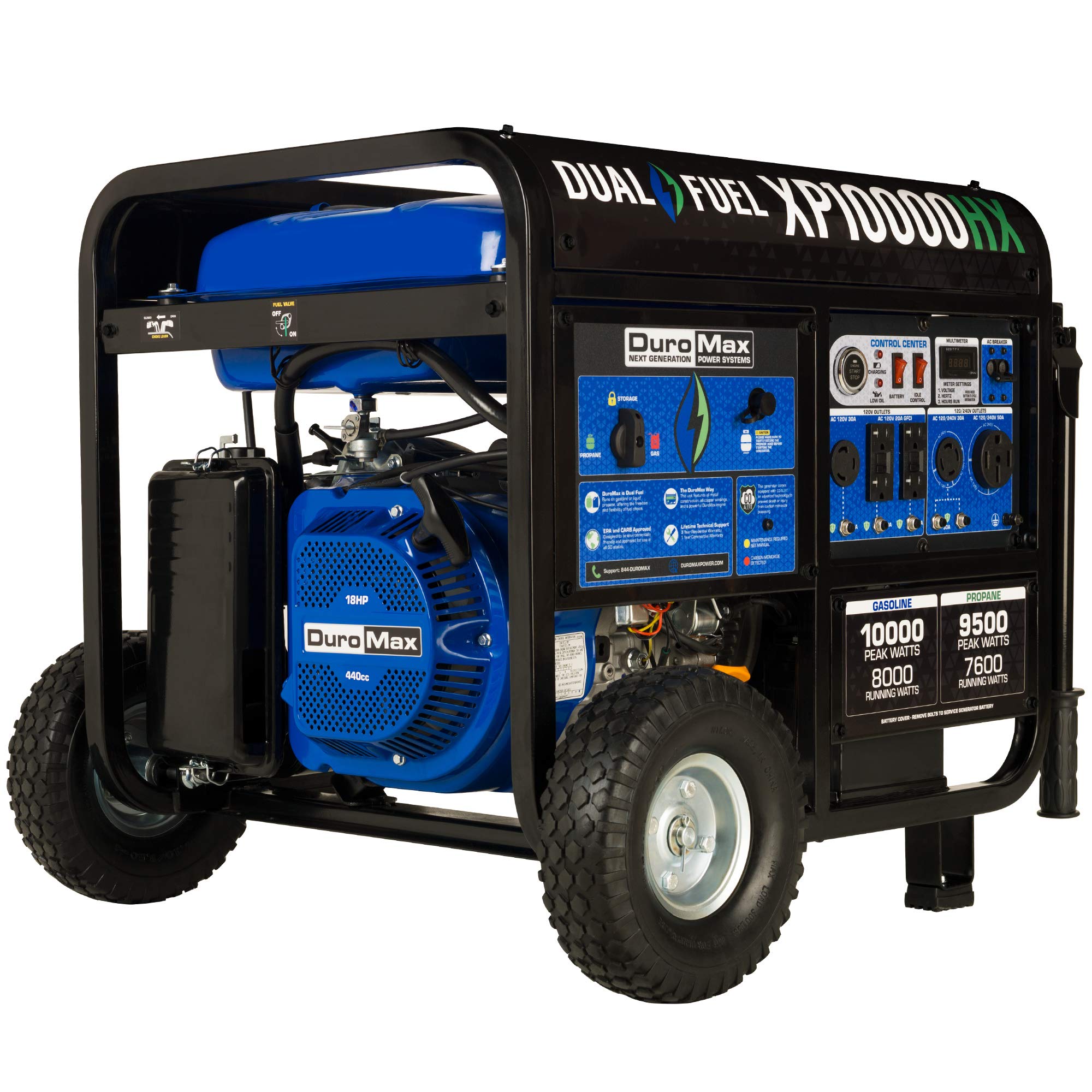 Duromax Xp5500Hx Dual Fuel Portable Generator 5500 Watt Gas Or Propane Powered Electric Start W/Co Alert, 50 State Approved, Blu