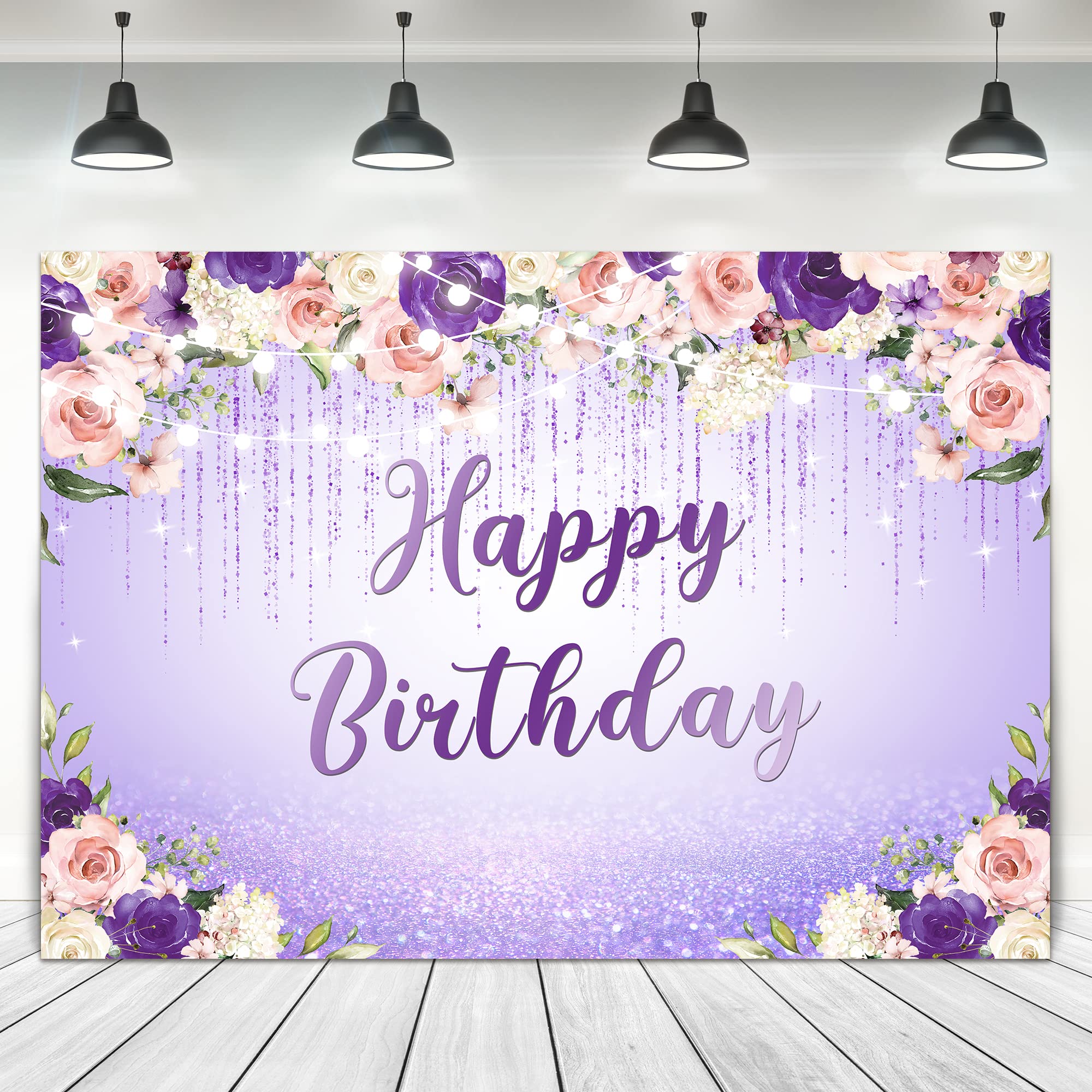 Ufeela Purple Happy Birthday Backdrop For Girls 7Wx5H Feet Fabric Polyester Woman Birthday Decorations Watercolor Floral Flower