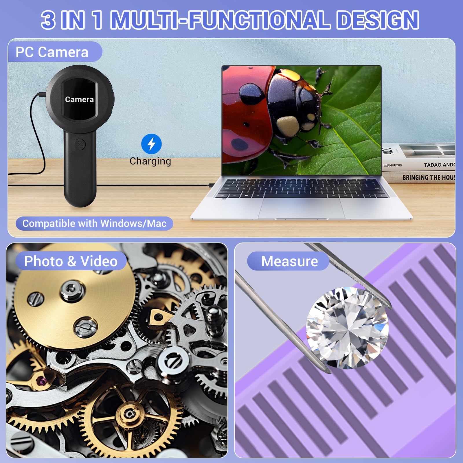 Gamkii Digital Magnifier 100X Handheld Magnifying Glass With 2Inch Ips Screen, White &Purple Light And Camera Function For Insec