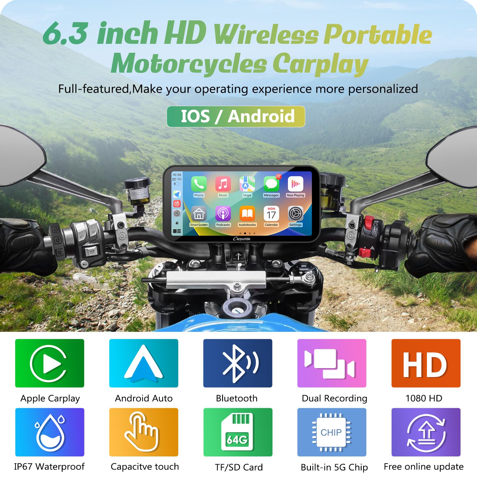 Carpuride W603D Motorcycle Gps Carplay Screen, Wireless Carplay & Android Auto For Moto, With Hd 1080P Dual Cameras, Remote Control,6.3' Waterproof Touchscreen, Bt Aduio, Loop Recording, Navigation