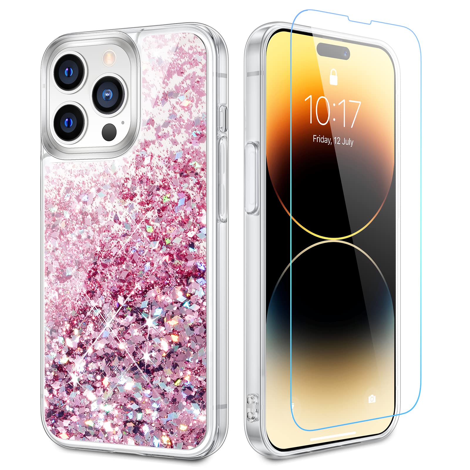 Caka For Iphone 14 Pro Case Glitter For Women Girls Girly Bling Sparkle Luxury Flowing Floating Quicksand Clear Phone Case Cover