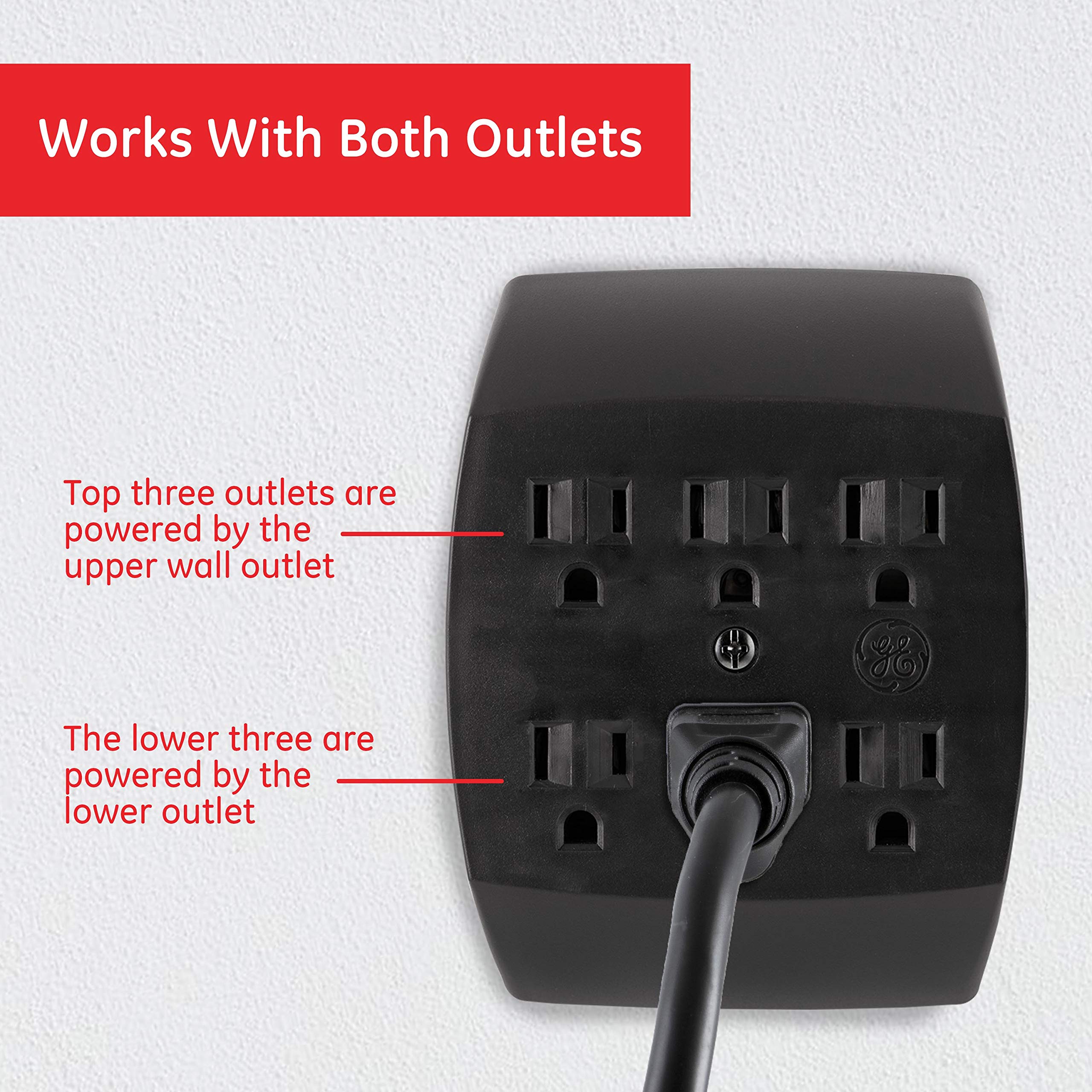 Ge 6 Outlet Extender Wall Tap, 5 Pack, Grounded Adapter, Charging Station, 3 Prong, Secure Install, Ul Listed, Black, 54852