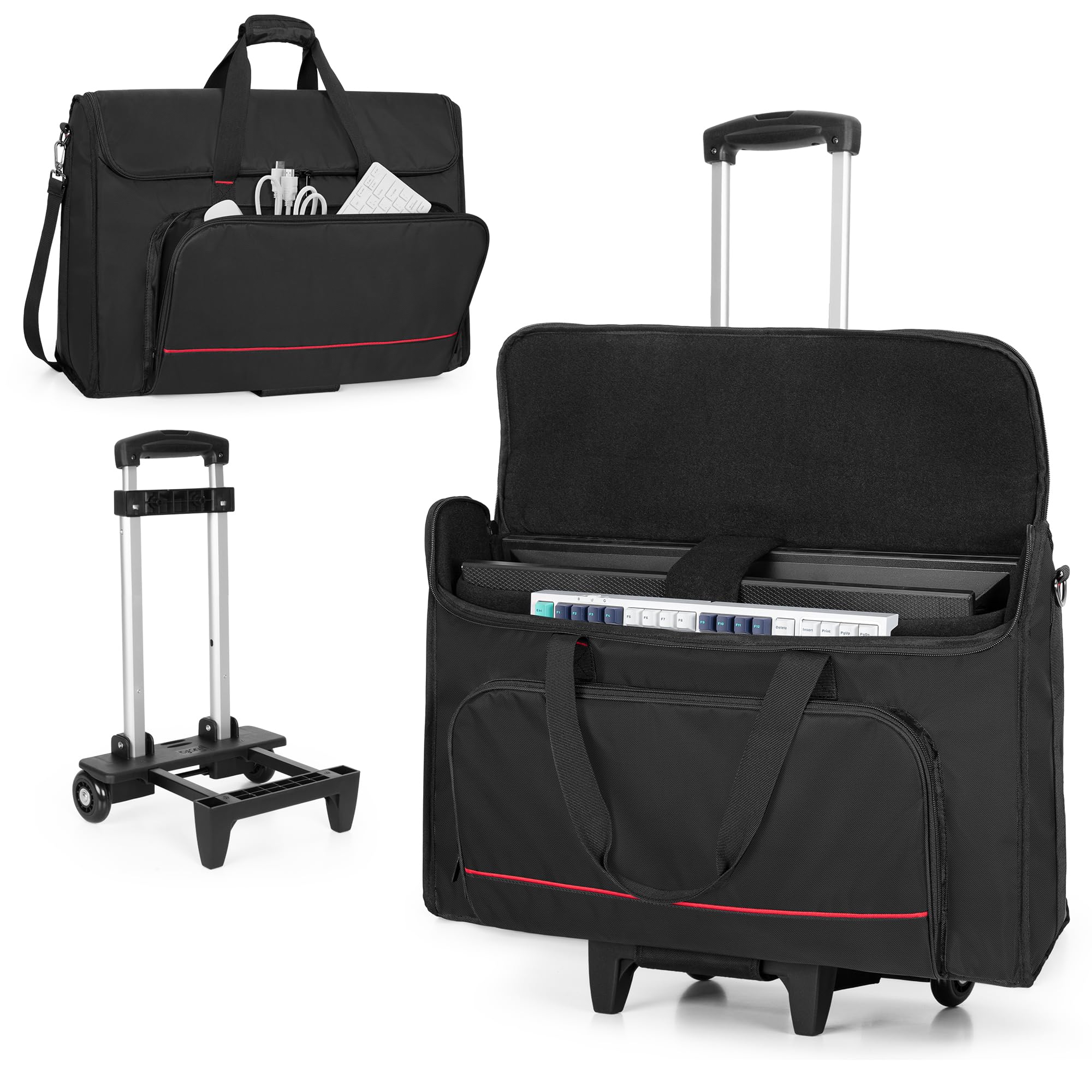 Trunab Rolling Monitor Carry Case for 24 Inch Monitors with Detachable Trolley, Padded Monitor Bag Hold Up to 2 LCD Screens/TVs