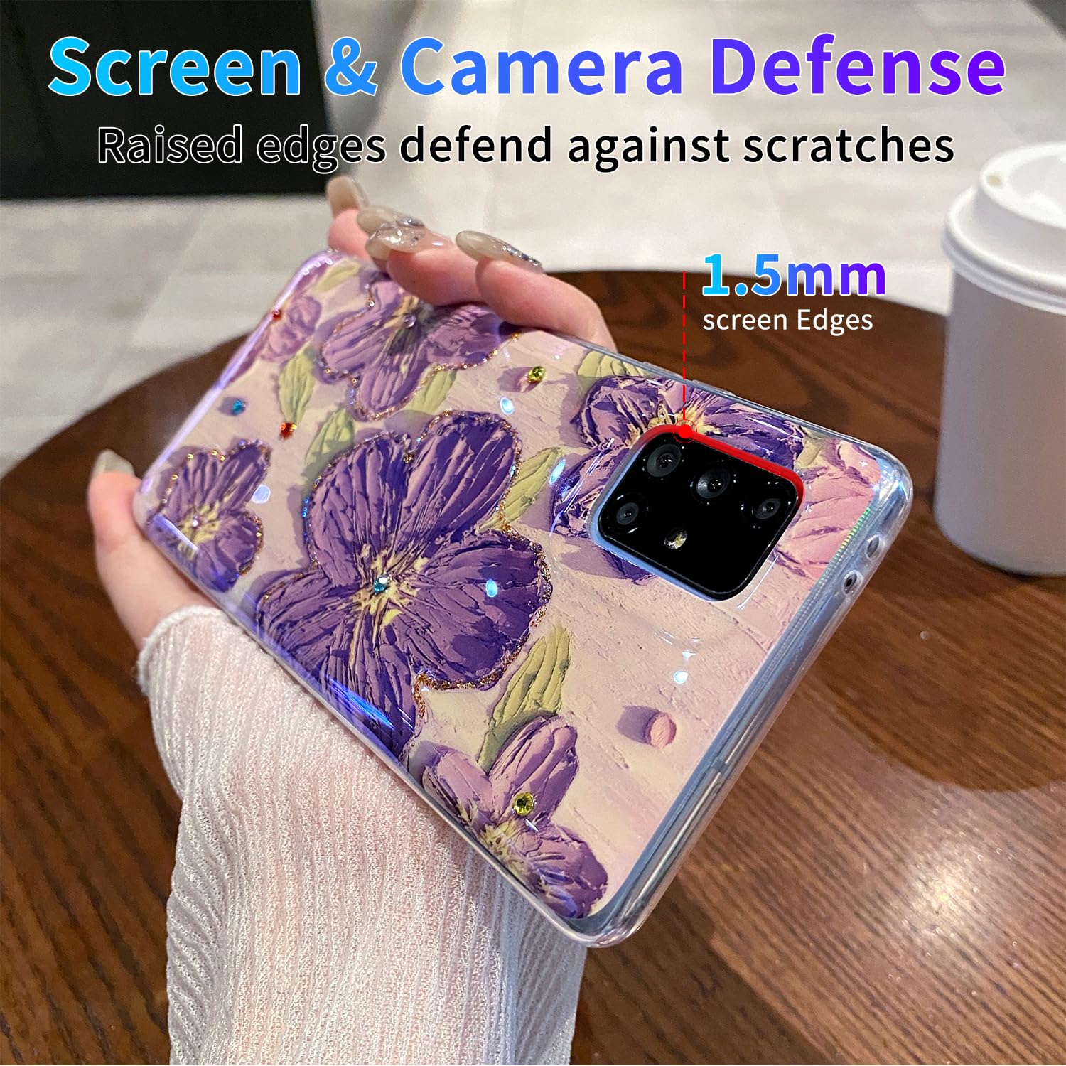 Leleyun Case For Samsung Galaxy A51 5G, Retro Oil Painting Printed Flower Cute Pattern With Glitter Gem Phone Cover Durable Tpu