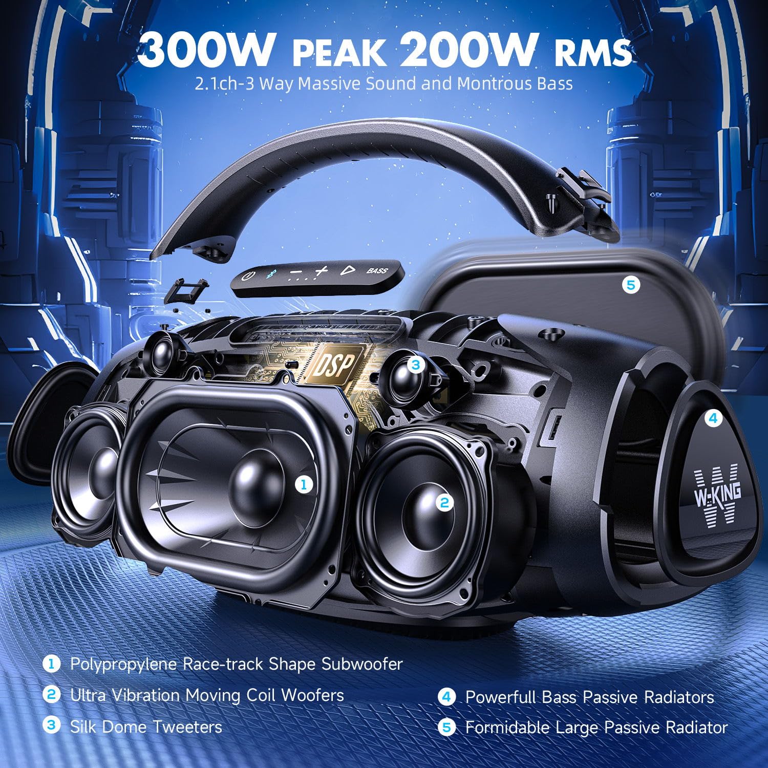 W King 300W Peak Large Bluetooth Speaker Loud, Massive Bass Boombox, Ipx7 Waterproof Party Portable Speaker With Subwoofer 7.5'/Eq App/5 Drives/Bt 5.4/Fast Charge/Mic Gtr In, Outdoor Wireless Speakers