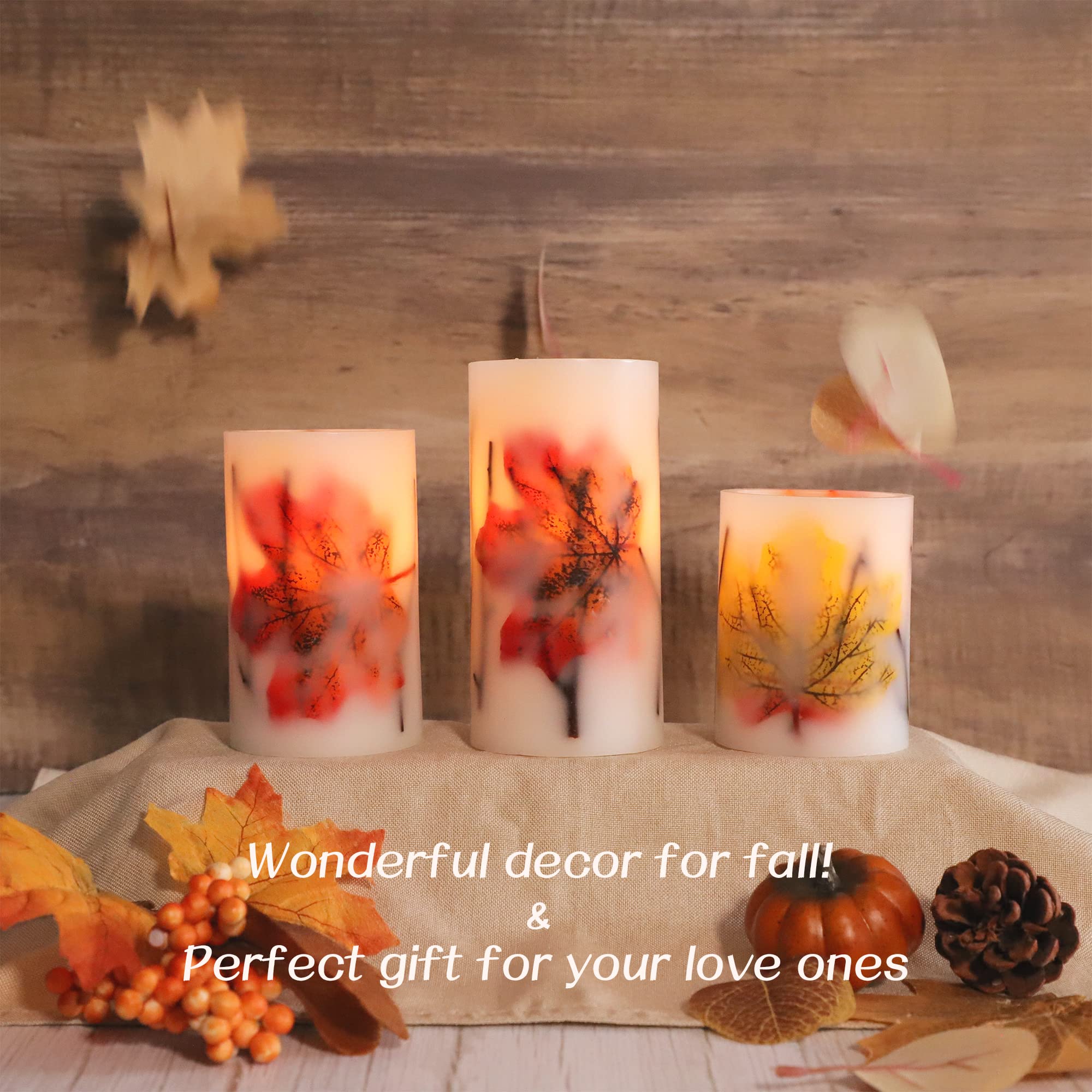 Crystal Club Fall Flameless Candles, Battery-Operated Fall Led Candles With Remote And Timer, Autumn Theme Pillar Candle Embedde