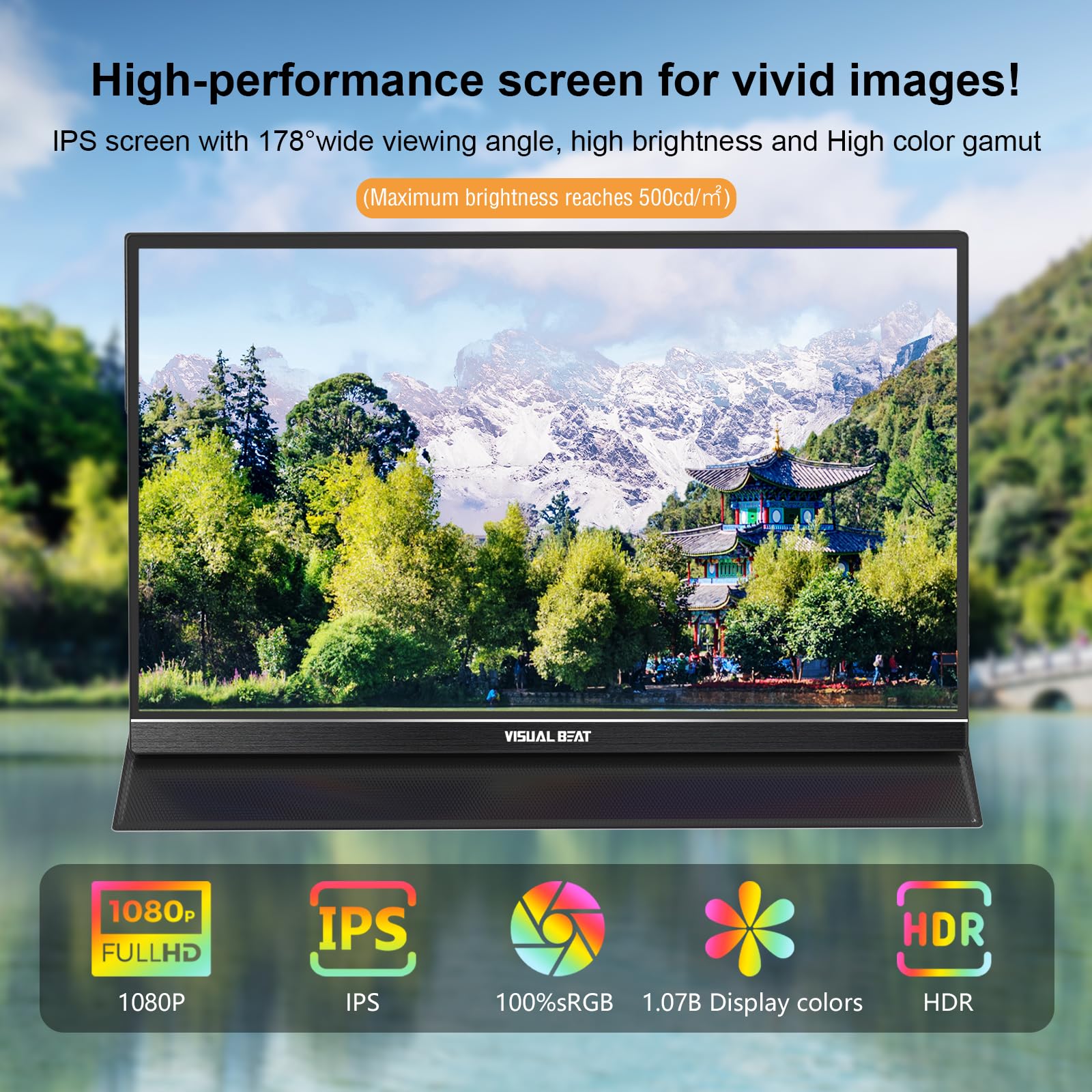 Visual Beat Portable Monitor Touch Screen 15.6 1080P Usb-C Hdmi Computer Display Hdr Ips Eye Care Screen 100% Srgb With Smart