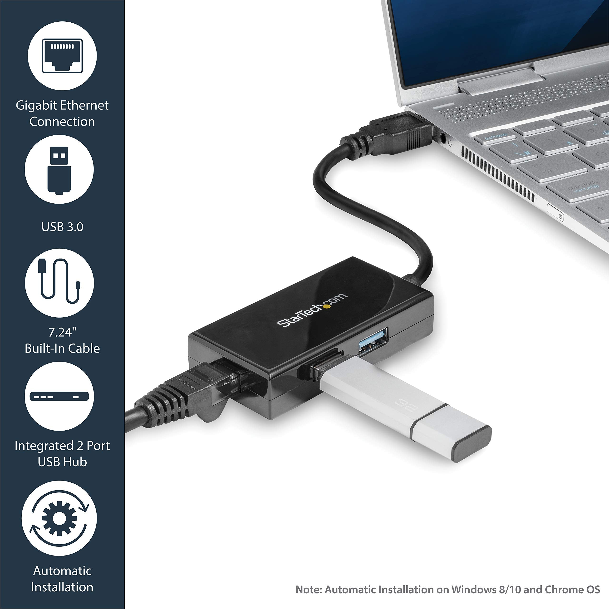 Startech.Com 2 Port Usb 3.0 Hub With Ethernet   Usb 3.0 X 2   Gigabit Ethernet Network Adapter For Windows/Mac/Chrome (Usb31000S