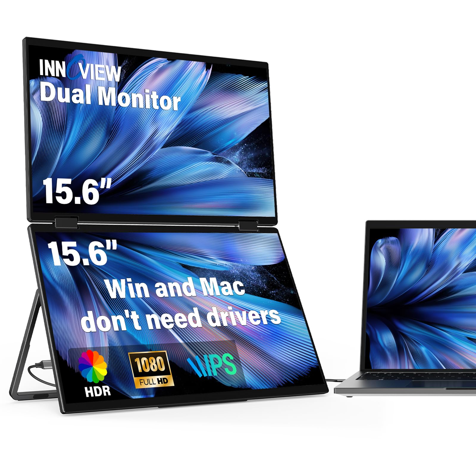 Innoview Laptop Screen Extender 15.6'' Dual Portable Monitors 1080P Fhd Stacked Folding Triple Monitor Hdmi Usb C Portable Dual