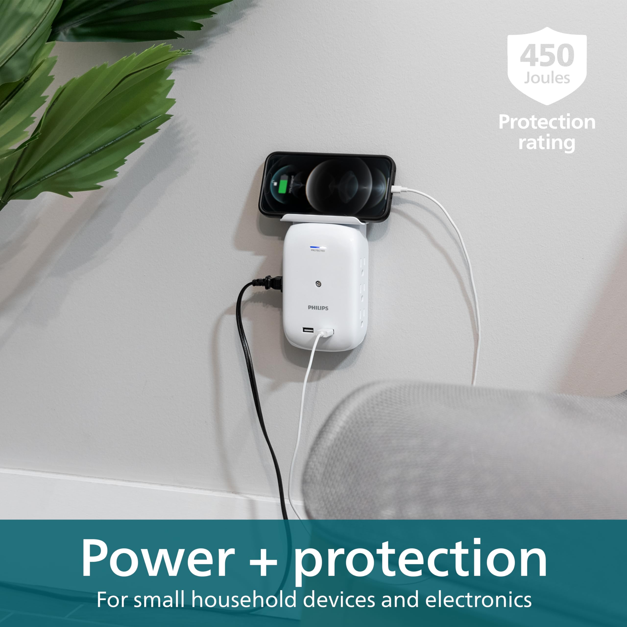 Philips 6 Outlet Tap With Device Shelf, 450J, Space Saving Design With Indicator Light, For Smartphone Charging Station, Multi U