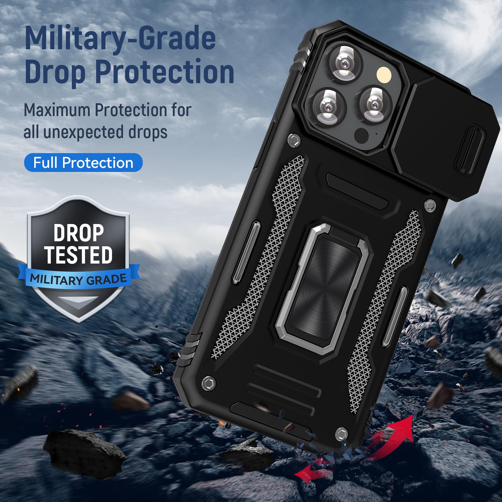 Sefing Case For Iphone 15 Pro Phone Case With Camera Cover, With Ring Holder Kickstand, With Magnetic Car Mount Function, For Ip