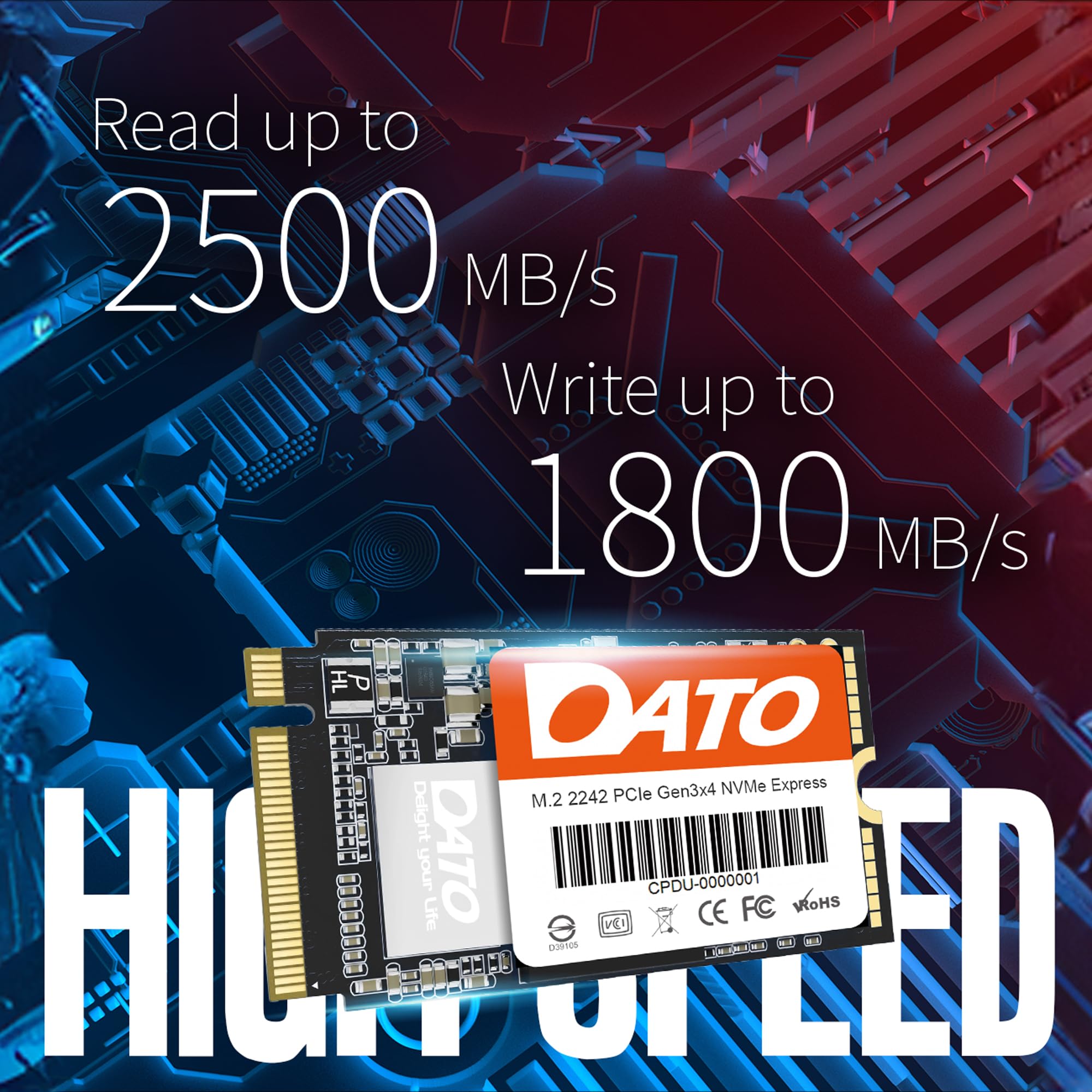 Dato M.2 2242 Ssd 512Gb, Pcie Gen3X4 Nvme 1.3 Internal Solid State Drive, Up To 2500/1800 Mb/S, Dp342 Series