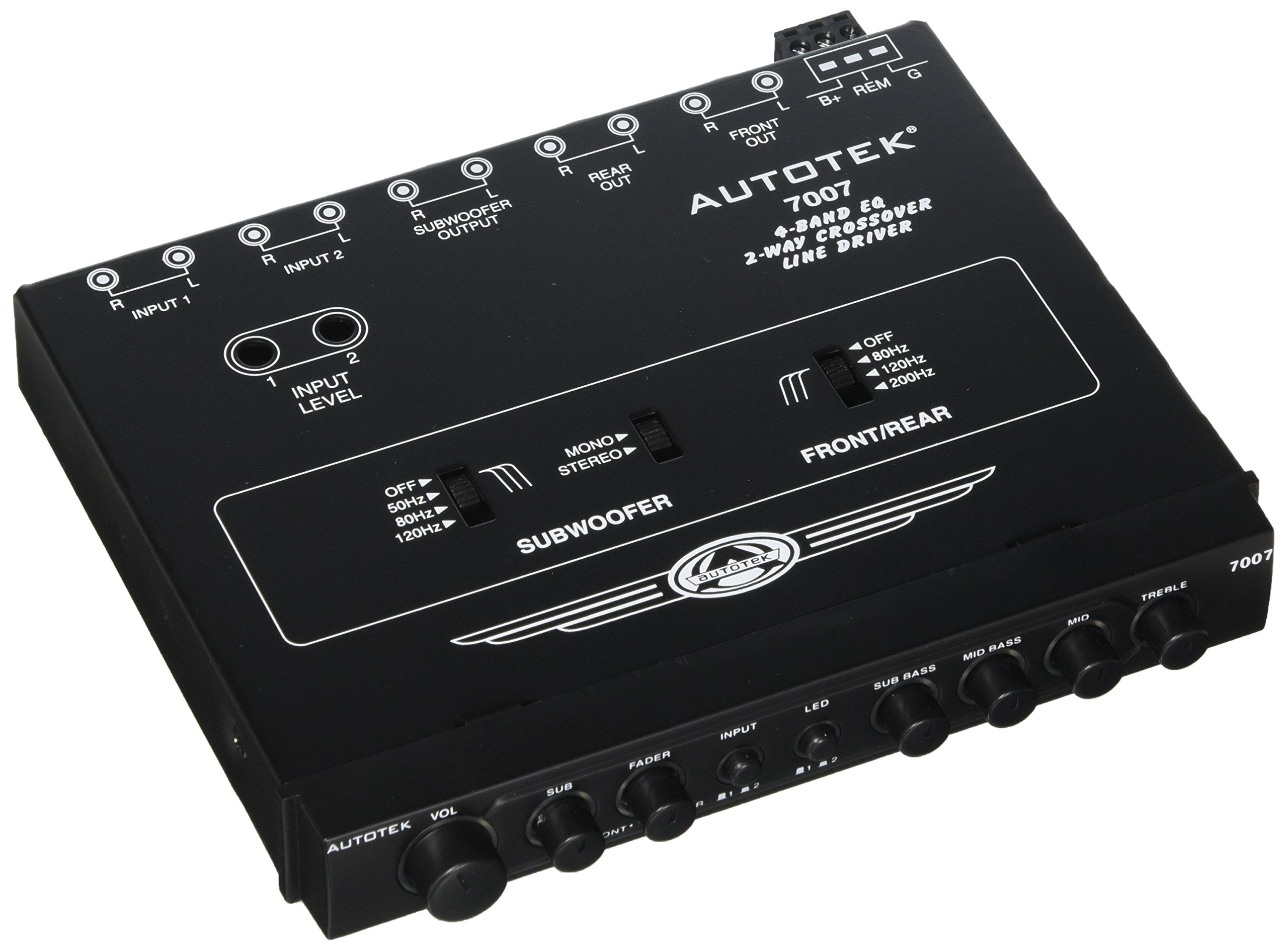 Autotek 7007 Multiple Source Signal Processor (Black) - .5 Inch DIN, 2-Way, 4-Band EQ, 9 Volt Line-Driver, 2 Inputs, 3 Outputs, 