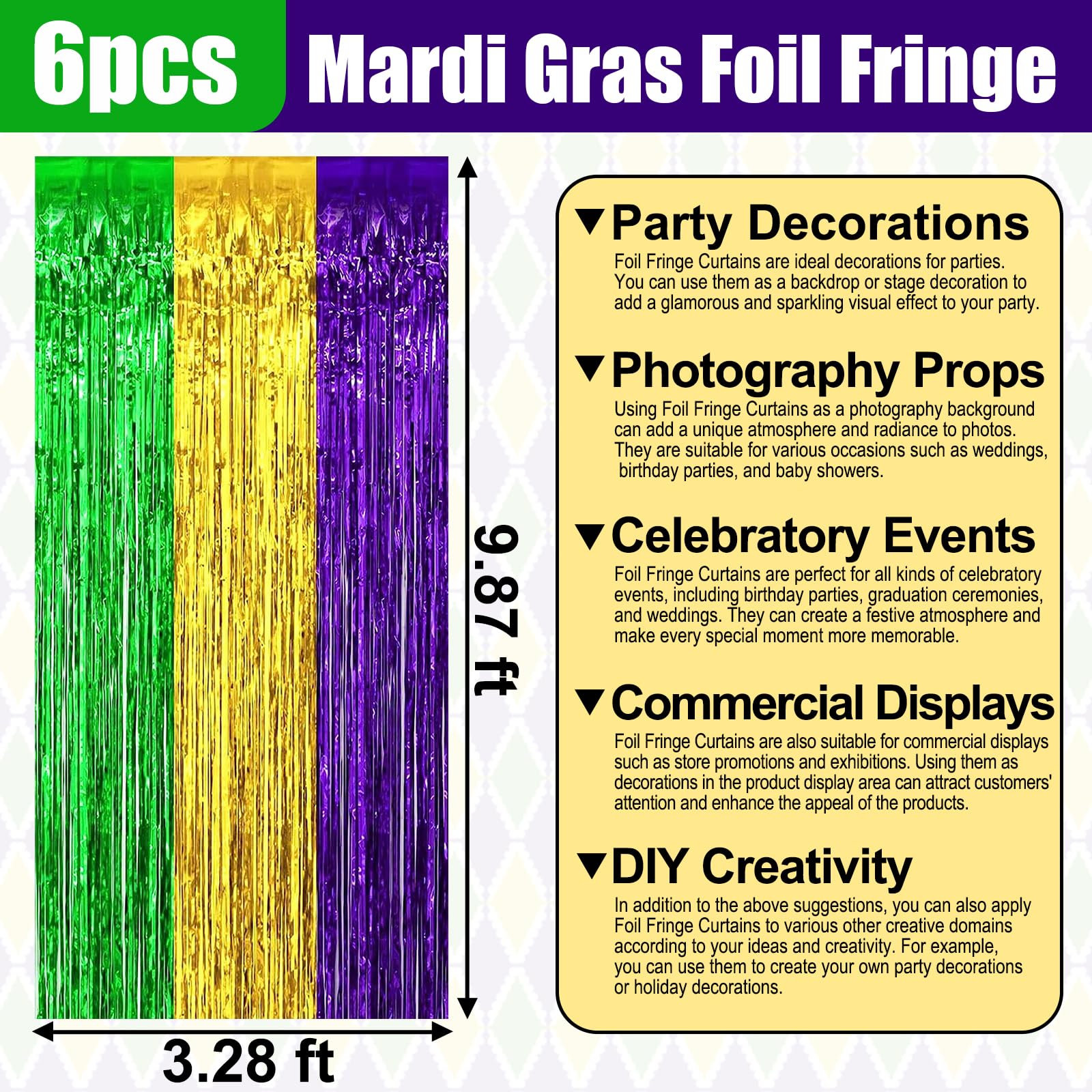 6 Pack Gold Green Purple Foil Fringe Curtain Backdrop, 3.28Ft X 9.8Ft Metallic Tinsel Foil Fringe Streamer Curtains For Photo Bo
