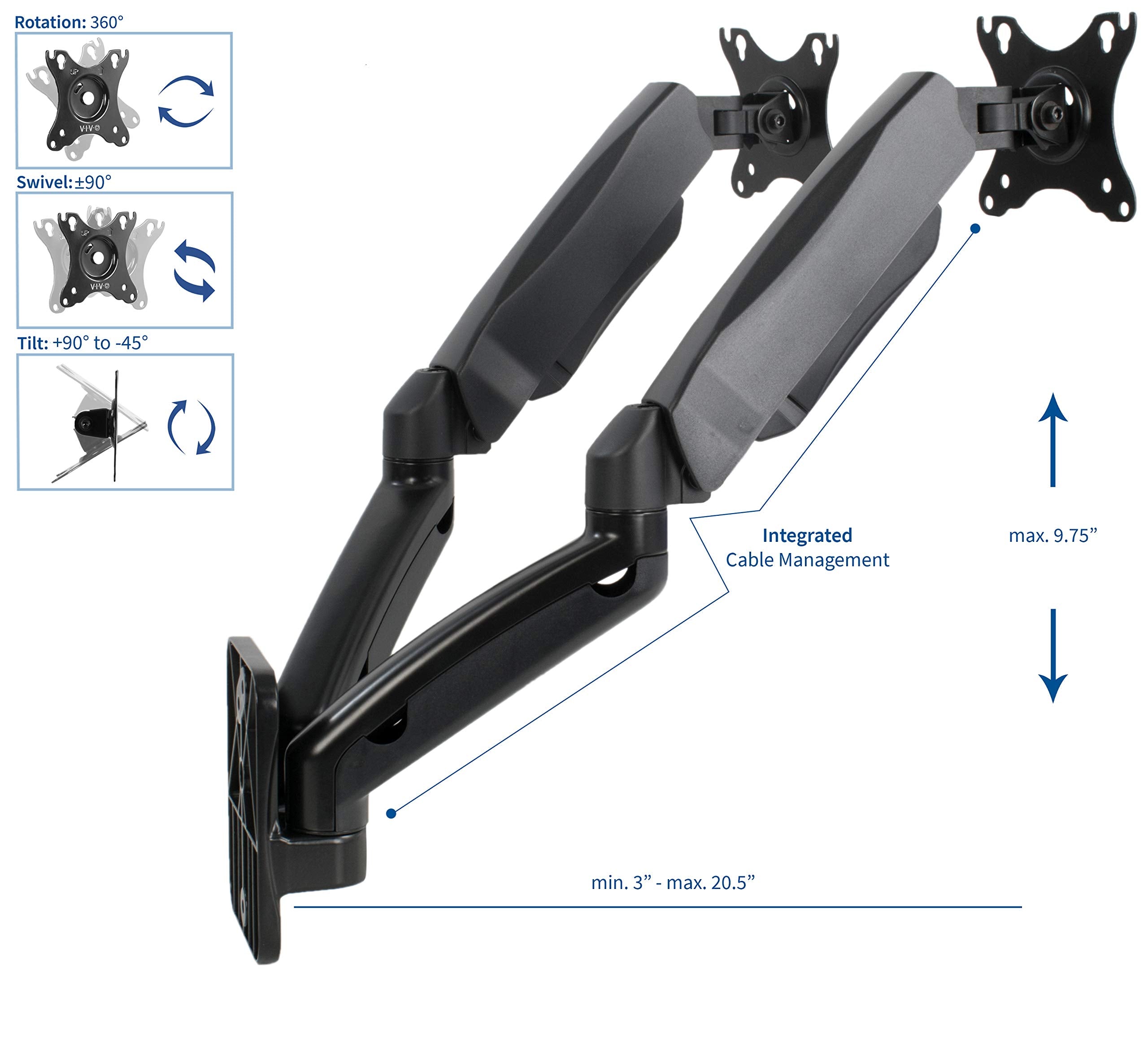 VIVO Height Adjustable Pneumatic Extended Arm Dual Monitor Wall Mount Full Motion Articulating, Fits 2 Screens 17 to 32 inches, Black, MOUNT V002G