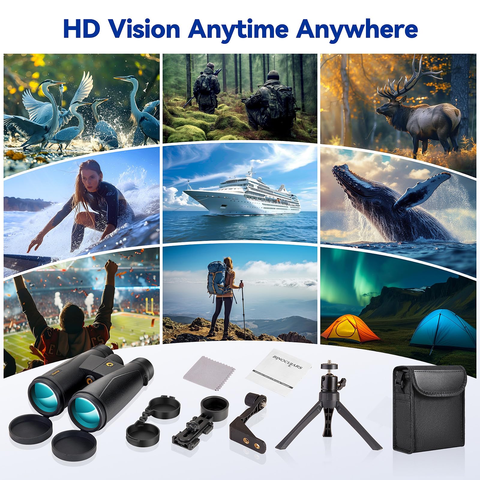 Fiyxlop 12X50 Plus Hd Binoculars For Adults High Powered, Waterproof Binoculars With Phone Adapter, Super Bright Large View Bino