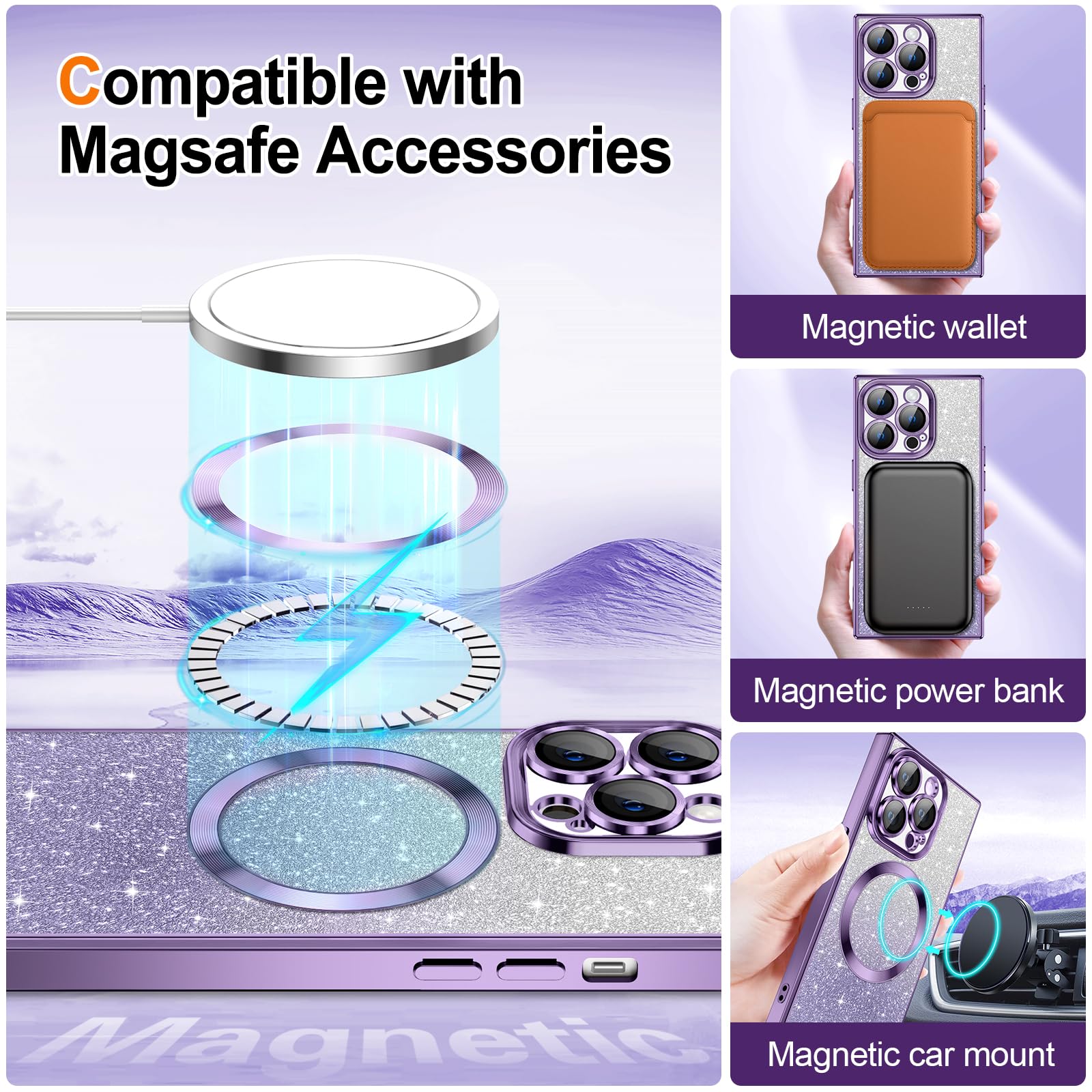 Hython For Iphone 12 Pro Case Clear Magnetic Glitter Phone Cases [Compatible With Magsafe] Full Camera Lens Protector Gradient S