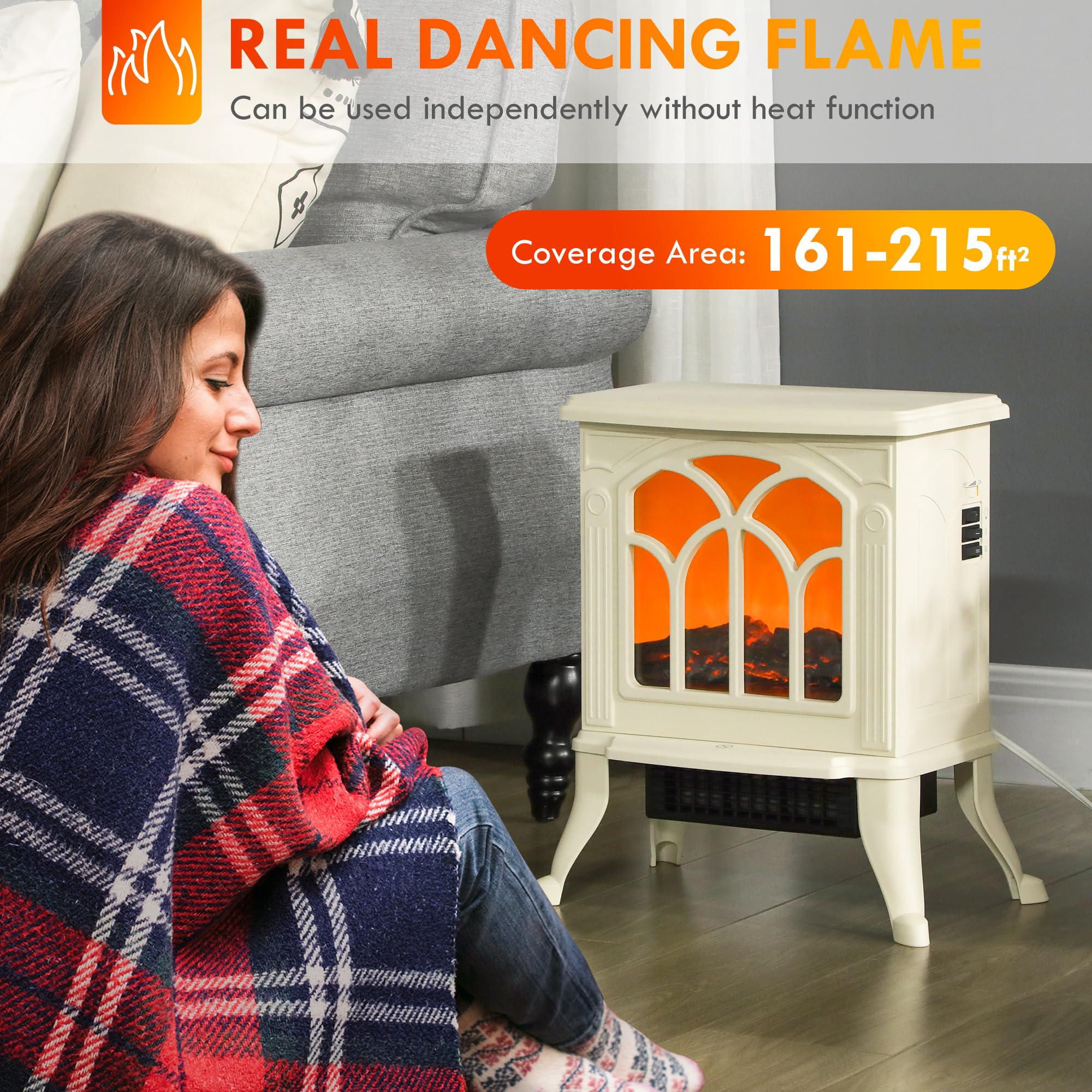Homcom 17 Freestanding Electric Fireplace Stove, Fire Place Heater With Realistic Logs And Flame Effect And Overheat Protection,