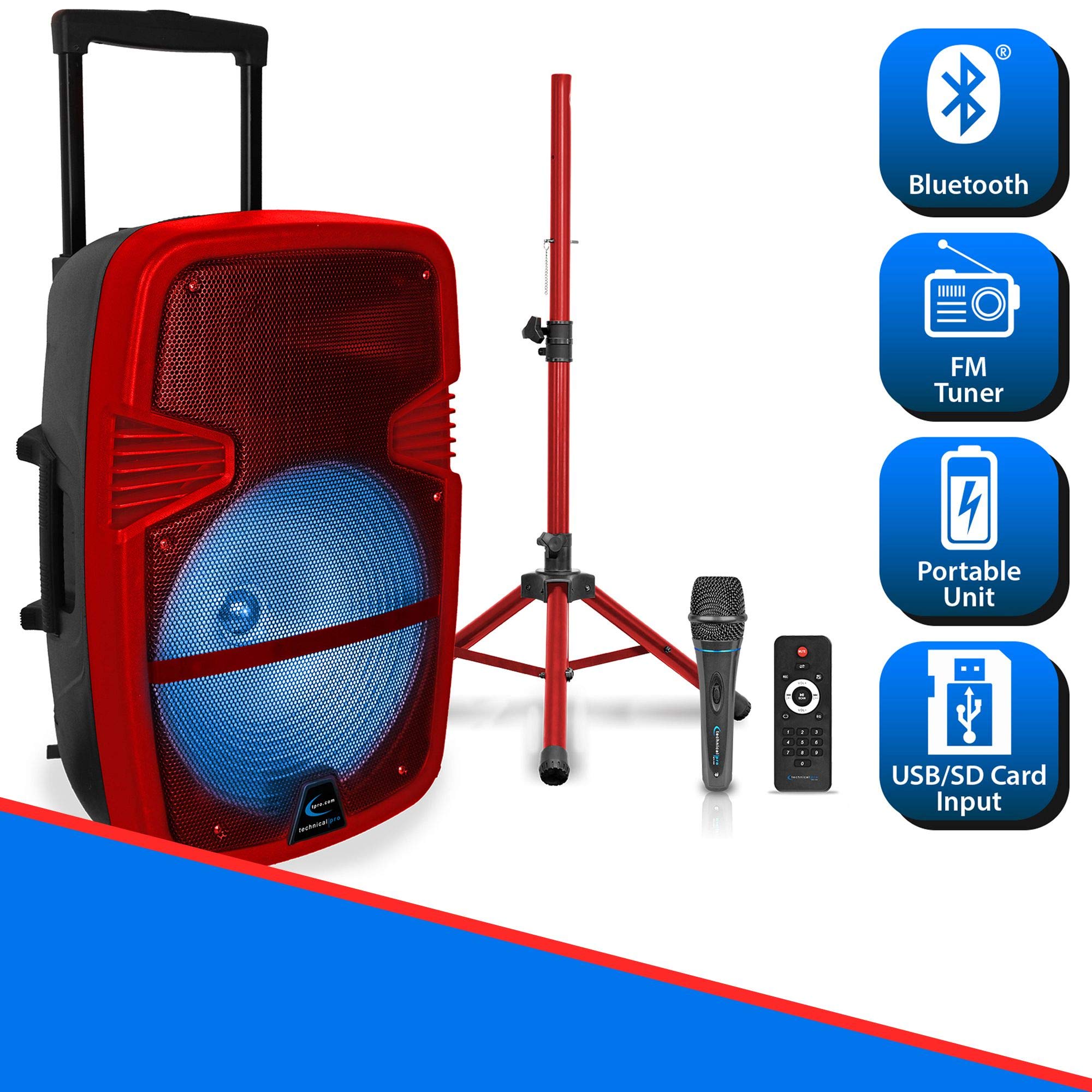 Technical Pro 15 Portable Rechargeable Battery Powered 3000 Watts Pro Dj Bluetooth Led Loudspeaker Package With Tripod Stand, Mi