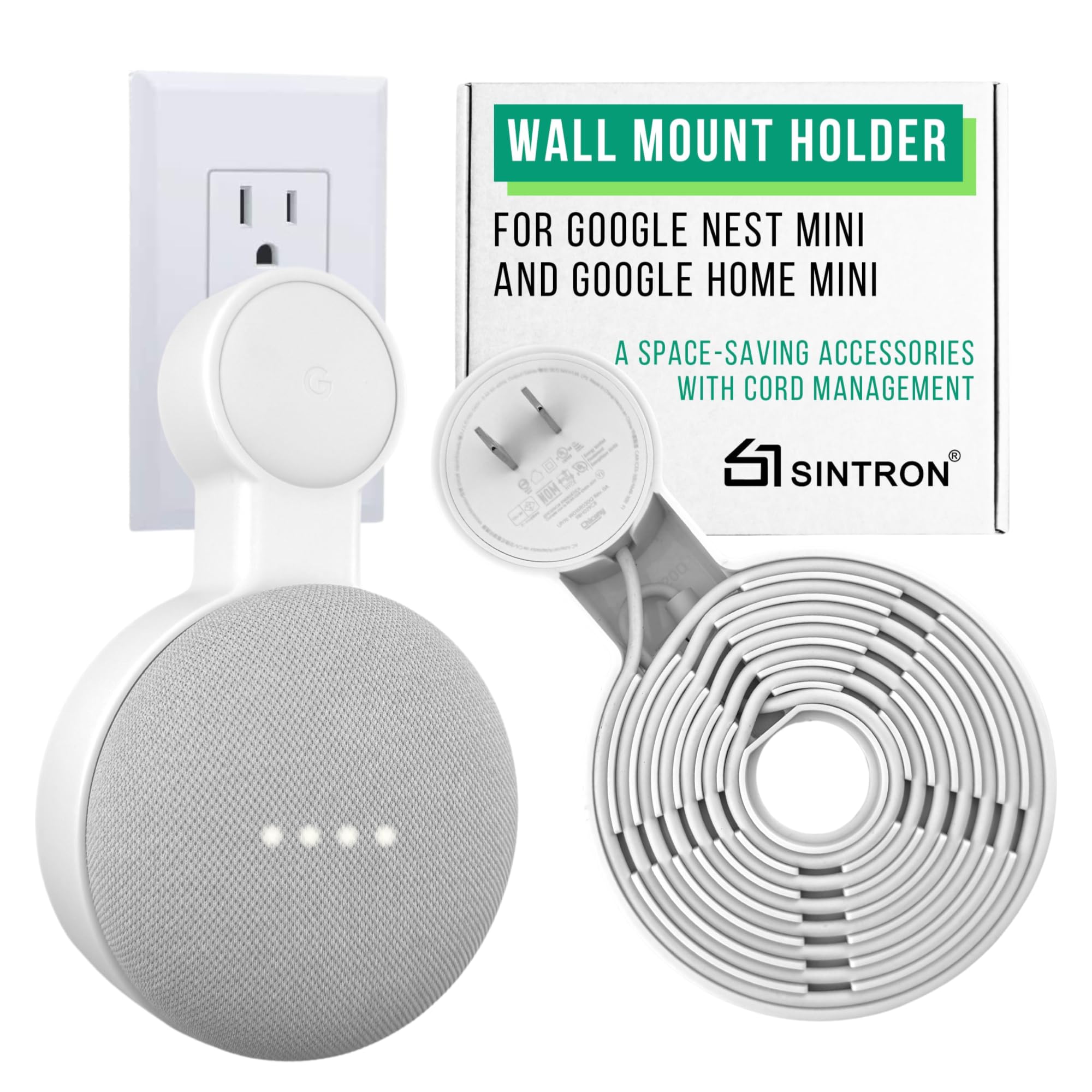 Sintron 2X Outlet Wall Mount Holder For Google Nest Mini And Google Home Mini, A Space Saving Accessories With Cord Management F