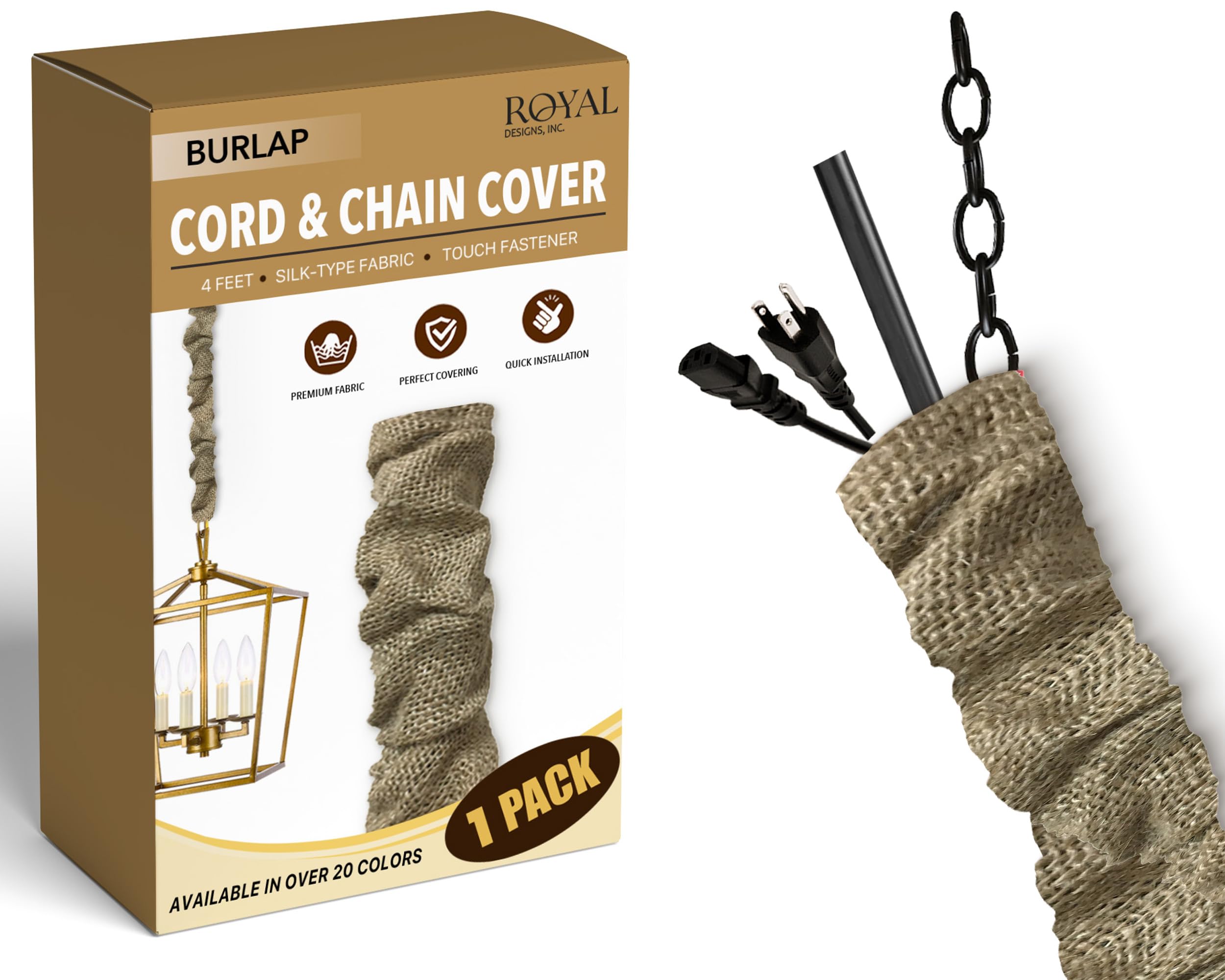 Royal Designs, Inc. CC-19-BL Burlap Cord & Chain Cover 4 Burlap Material Touch Fastener, Burlap