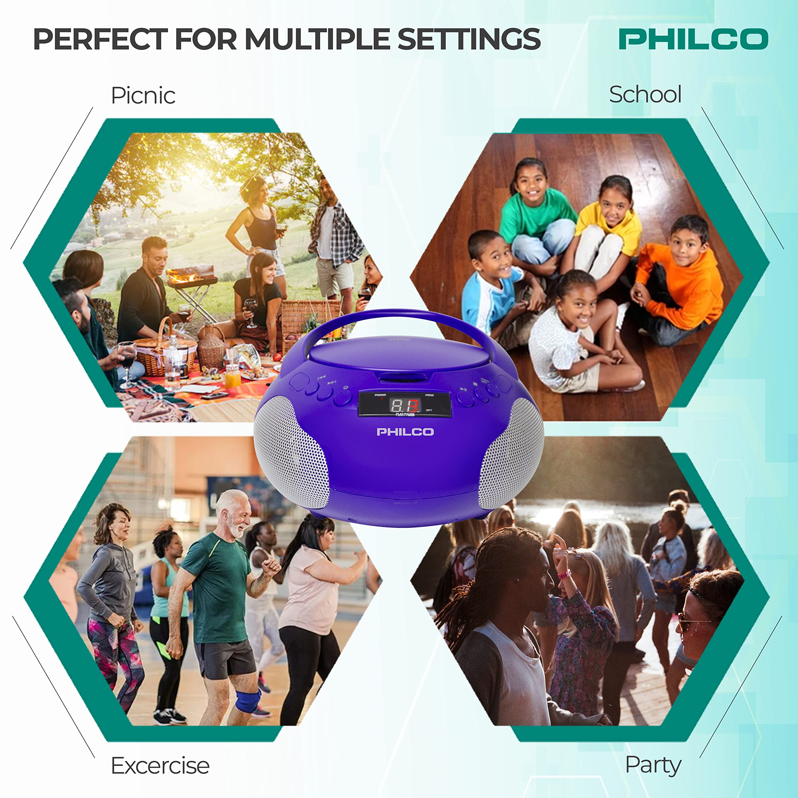 Philco Portable Cd Player Boombox With Speakers And Am Fm Radio | Purple Boom Box Cd Player Compatible With Cd R/Cd Rw And Audio