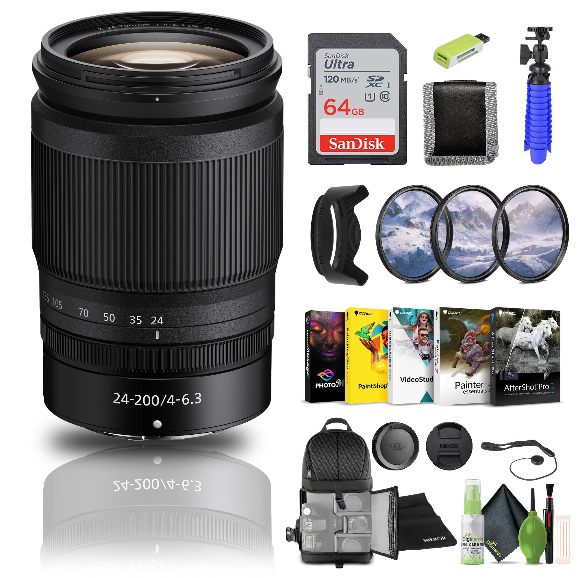 Nikon NIKKOR Z 24-200mm f/4-6.3 VR Telephoto Zoom Lens Z Cameras (20092) + 64GB Memory Card + Filter Kit + Backpack + Card Reade