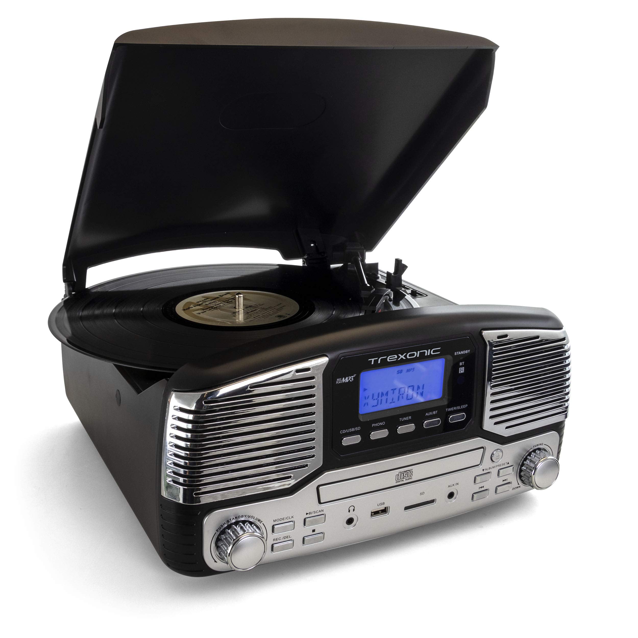 Trexonic Retro Record Player with Bluetooth, CD Players and 3-Speed Turntable in Black