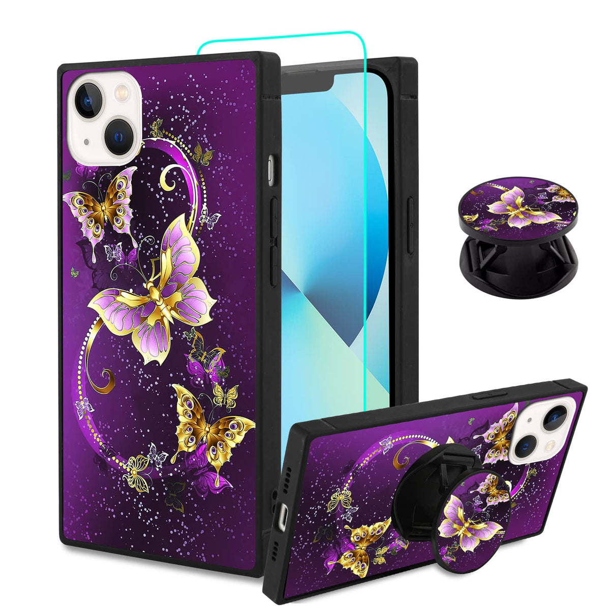 Sakuulo Iphone 13 Case,[Screen Protector + Kickstand] Square Cute Purple Butterfly Print Design Soft Tpu Edge Protection Shock A