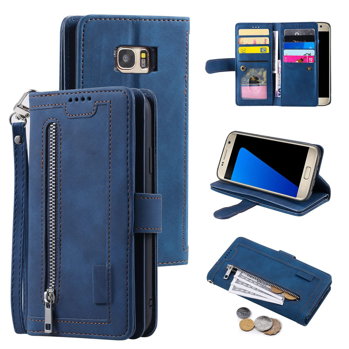 Ueebai Wallet Case For Samsung Galaxy S7, Retro 9 Card Holder Slots Zipper Pocket Handbag Case Pu Leather Magnetic Closure Kicks