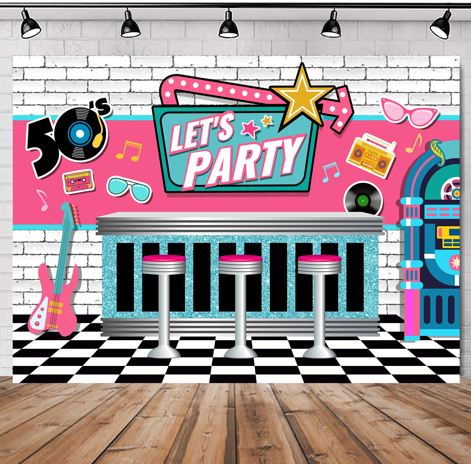 Svbright 50'S Let'S Party Backdrop 7Wx5H Rural Vintage Soda Shop White Black Plaid Pink Guitar Music Rock And Roll Rocking Party